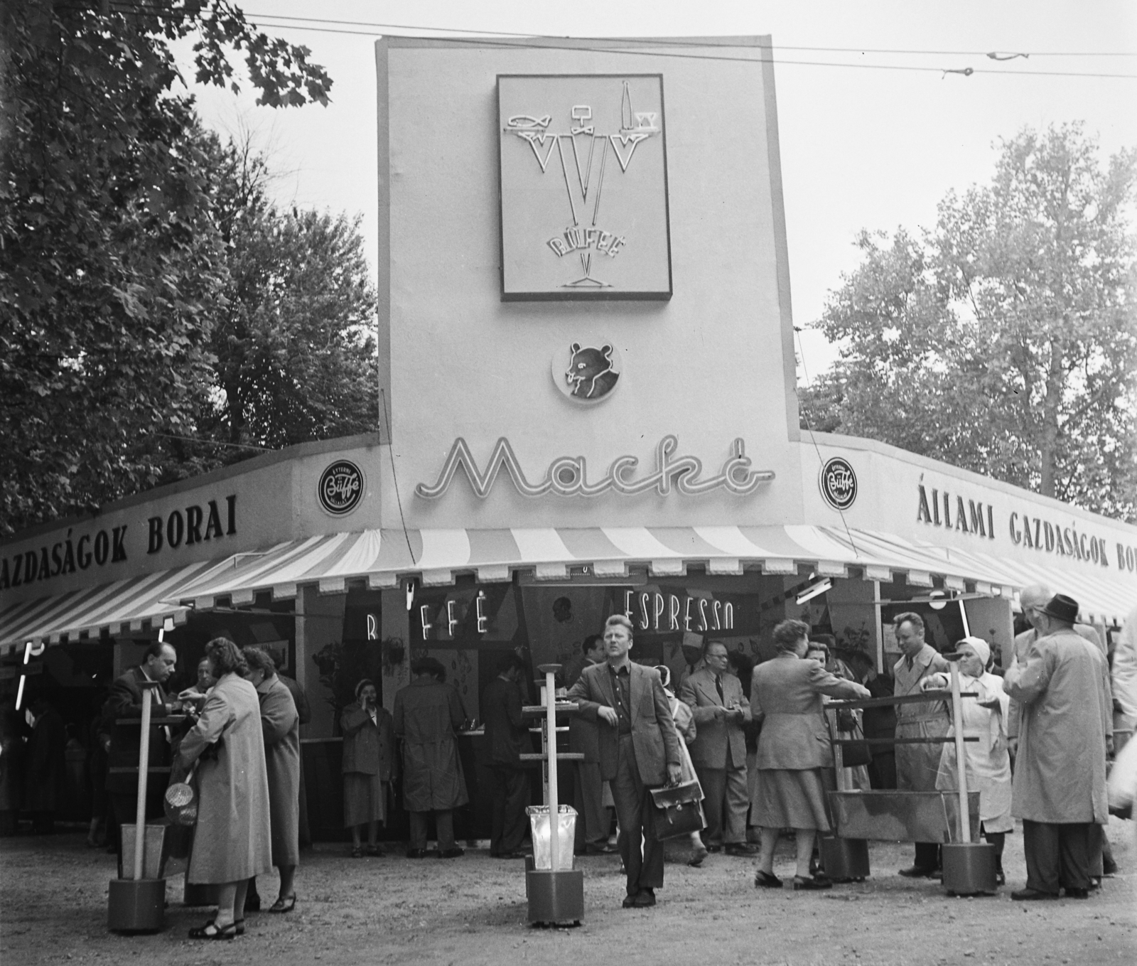 Magyarország, Városliget,Budapesti Ipari Vásár, Budapest XIV., 1957, Bauer Sándor, nemzetközi vásár, pavilon, neon felirat, Budapest, Mézes Mackó, Fortepan #113513