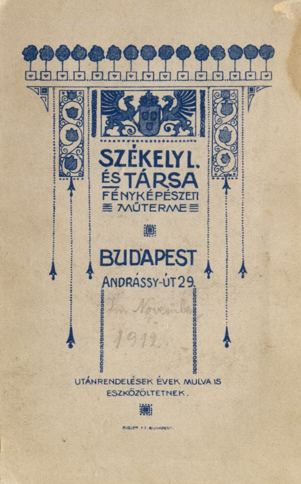Hungary, Budapest VI., Andrássy út 29., Székely L. és társa fényképészeti műterme., 1912, Fortepan, studio, photographer, verso, Budapest, Fortepan #114756
