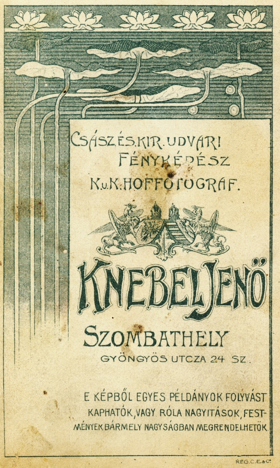 Magyarország, Szombathely, Gyöngyös utca 24., Knebel Jenő fényképész., 1909, Fortepan, műterem, fényképész, hátlap, Fortepan #114779