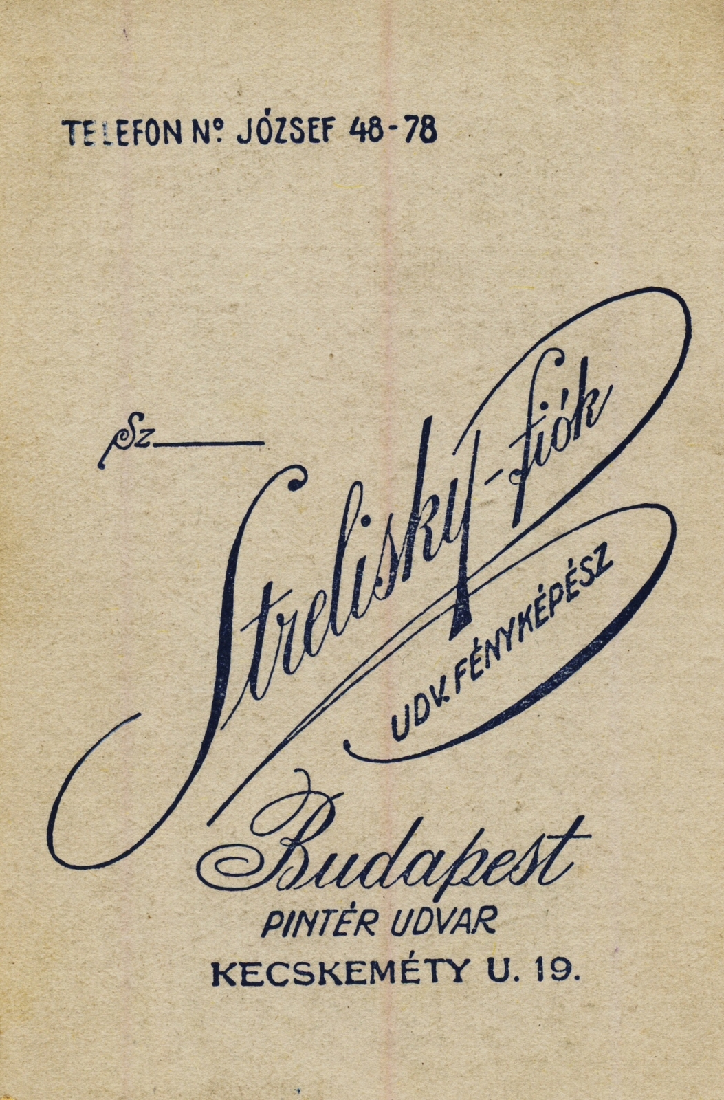 Magyarország, Budapest V., Kecskeméti utca 19., Pintér udvar, Strelisky fényképész fiókja., 1909, Fortepan, műterem, fényképész, hátlap, Budapest, Fortepan #114790