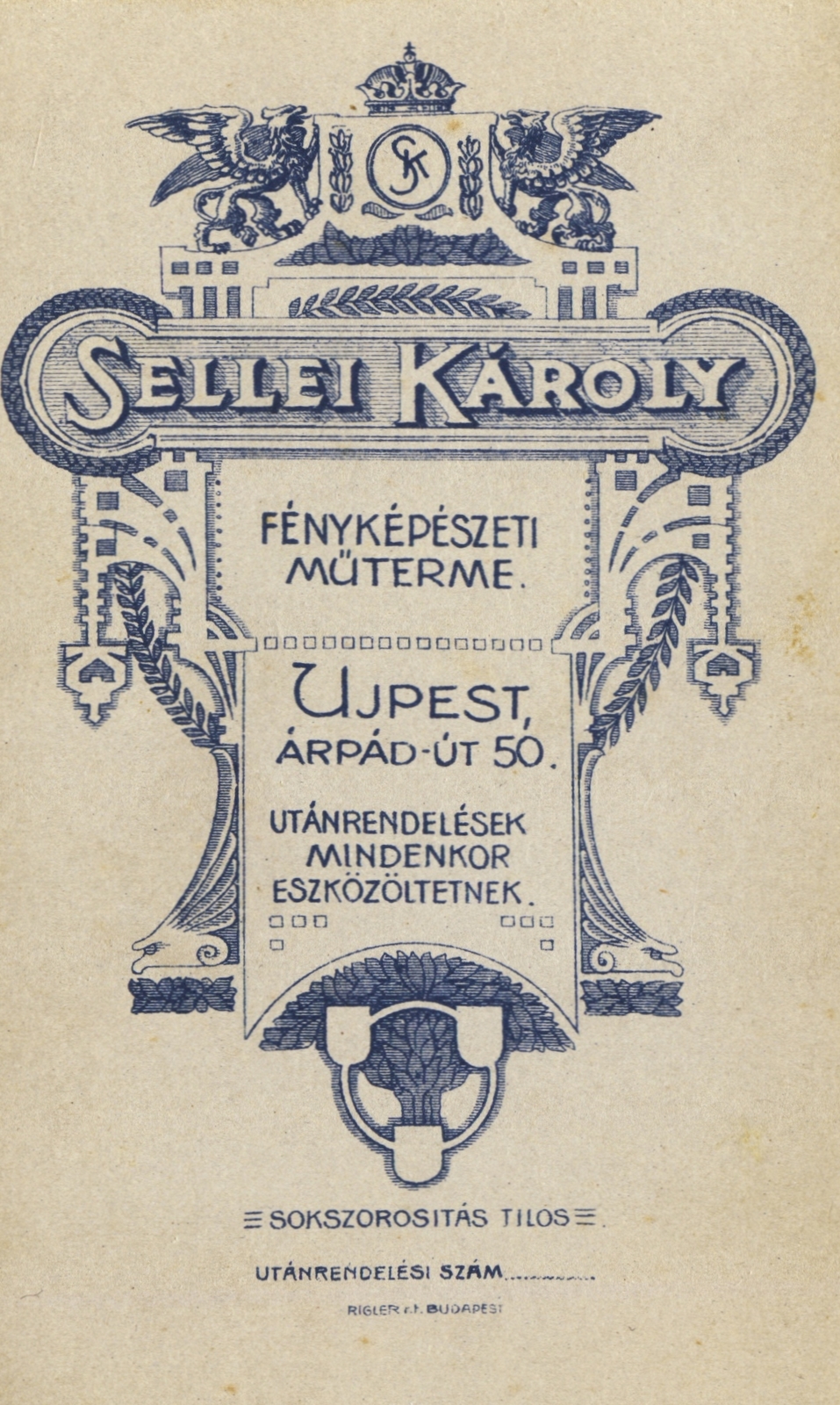 Hungary, Budapest IV., Árpád út 50., Sellei Károly fényképészeti műterme., 1909, Fortepan, studio, photographer, verso, Budapest, Fortepan #114795