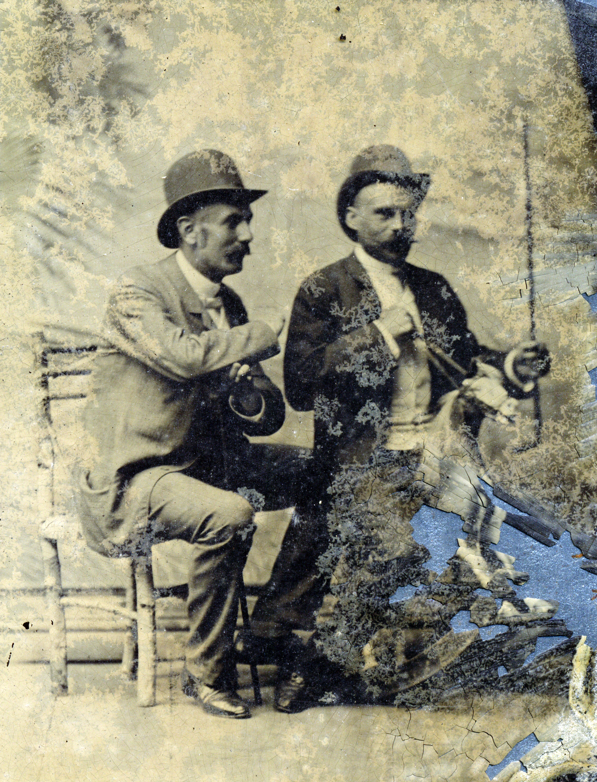 1900, Fortepan, férfiak, bajusz, keménykalap, sétabot, kettős portré, sérült kép, Fortepan #114809