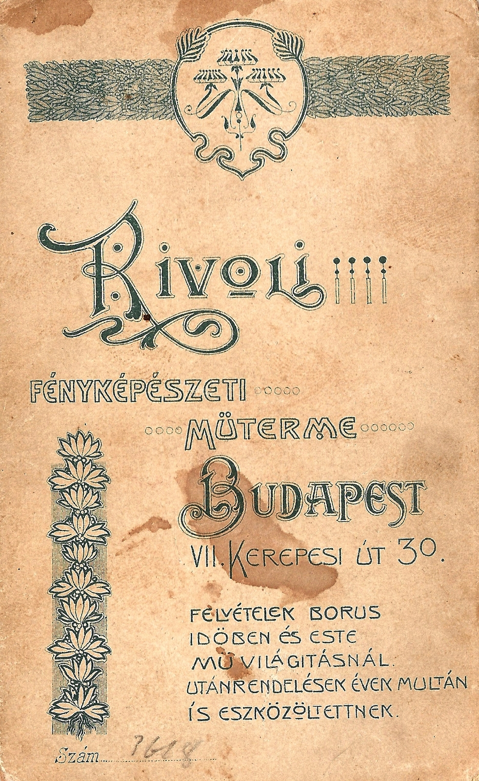 Hungary, Budapest VII., Rákóczi (Kerepesi) út 30., Rivoli fényképészeti műterme., 1913, Gabányi Erika, studio, photographer, verso, Budapest, Fortepan #114850