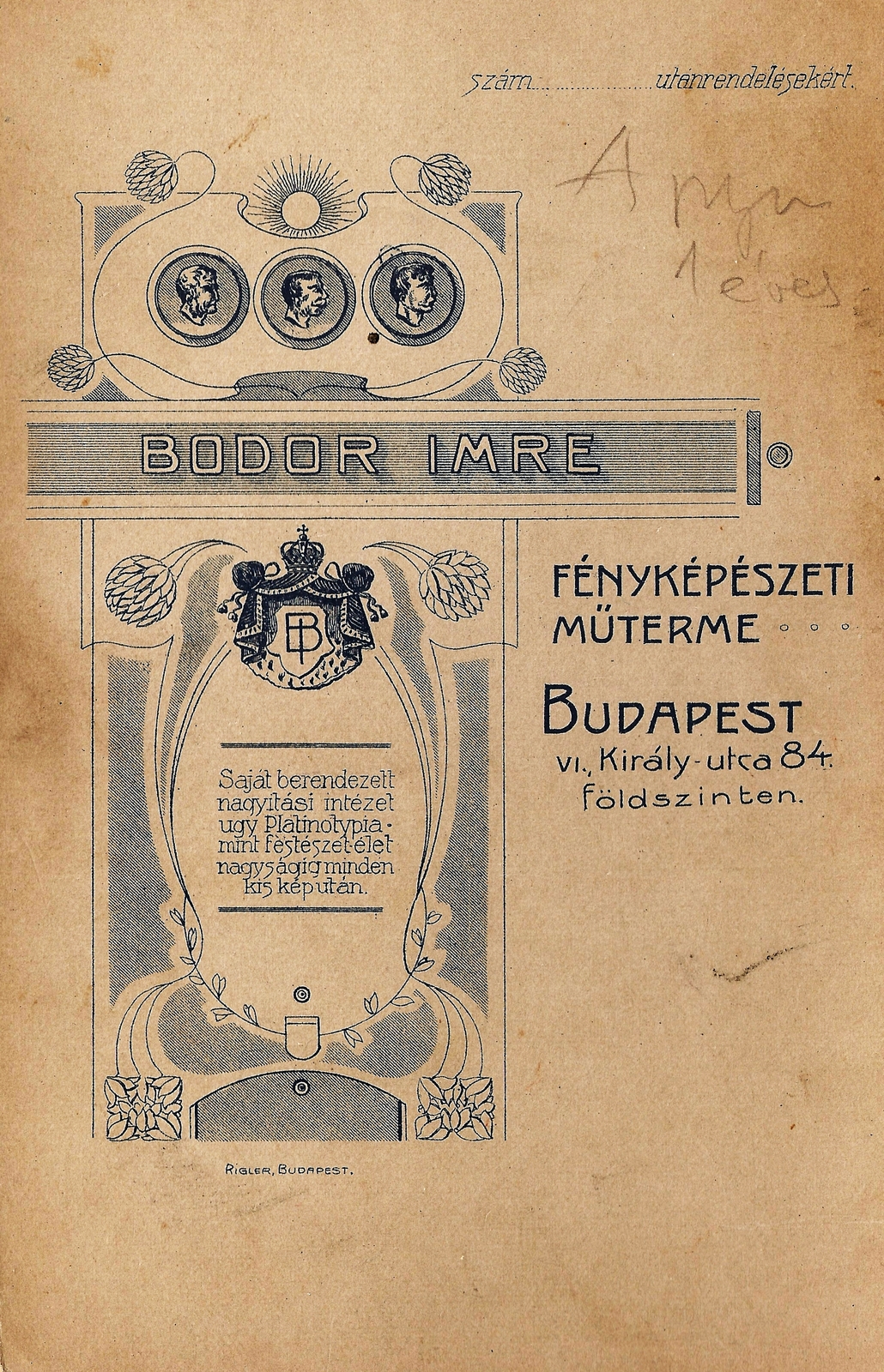 Hungary, Budapest VI., Király utca 80., Bodor Imre fényképészeti műterme., 1913, Gabányi Erika, studio, photographer, verso, Budapest, Fortepan #114851