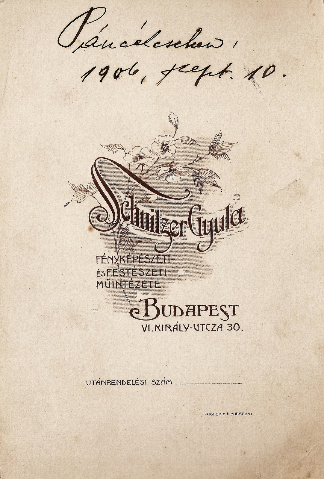 Hungary, Budapest VI., Király utca 30., Schnitzer Gyula fényképészeti és festészeti műintézete., 1906, Gabányi Erika, studio, photographer, verso, Budapest, Fortepan #114865