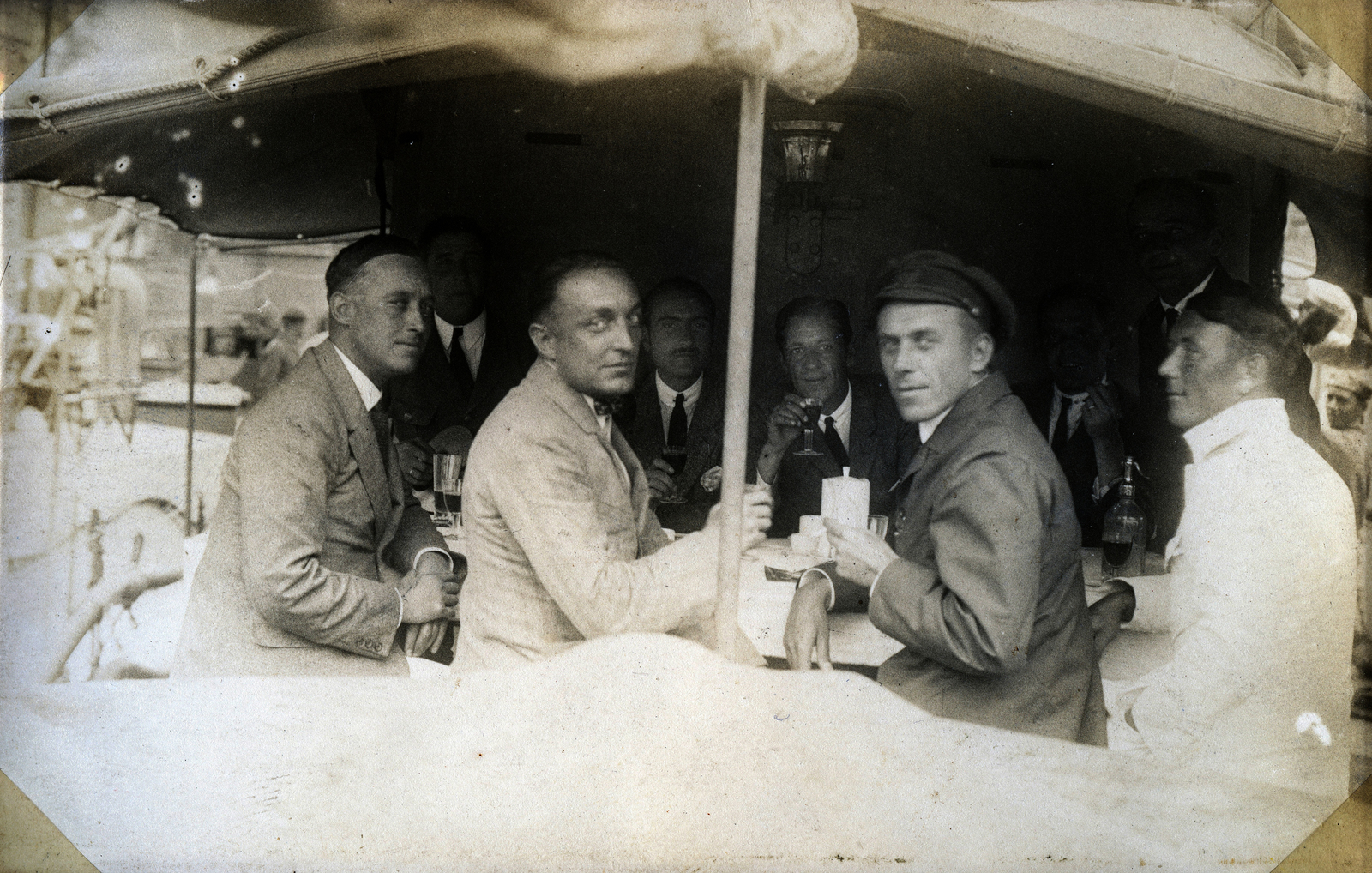 1928, Móra András, tent, men, drinking, looking back, Fortepan #114915