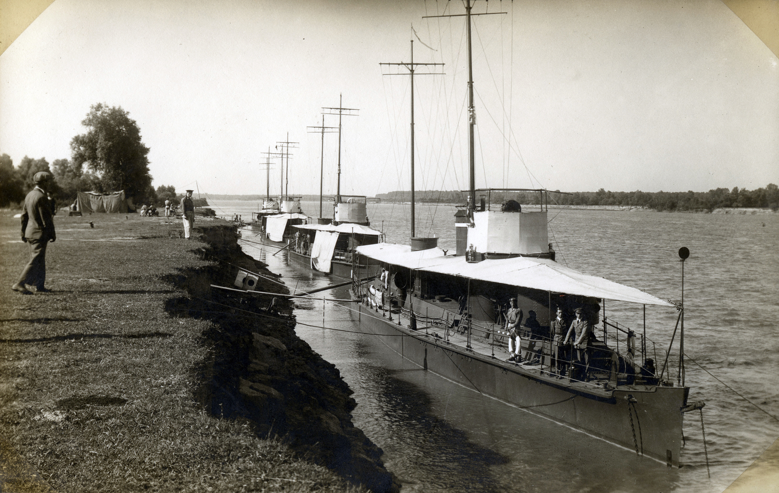 Hungary, Érsekcsanád, Duna-part, gőzüzemű folyami hadihajók., 1929, Móra András, warship, Körös/Liselotte-ship, Fortepan #114944