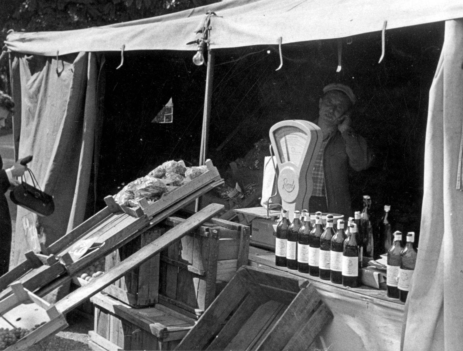 1960, Móra András, tent, greengrocer, crate, light bulb, scale, Fortepan #114977