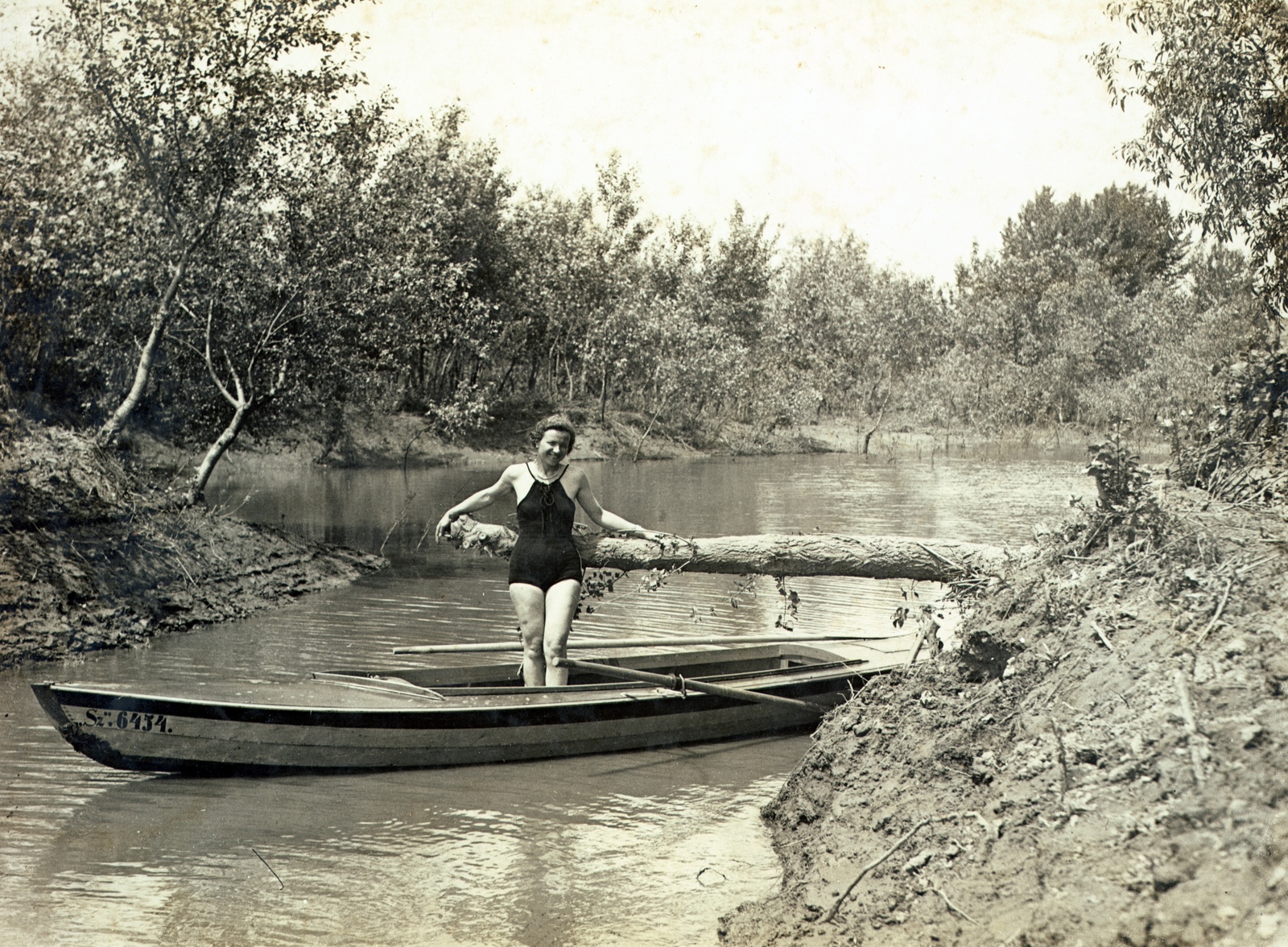 1938, Kelemen Zsuzsa, fürdőruha, folyó, csónak, Fortepan #115105