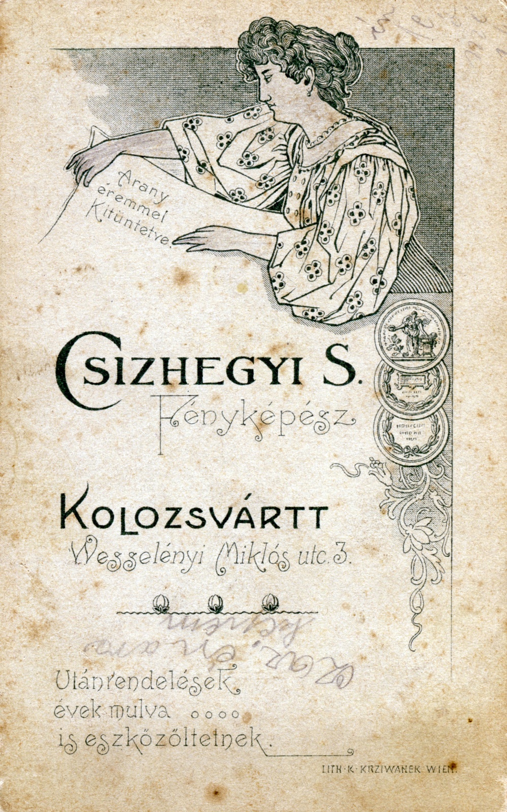 Románia,Erdély, Kolozsvár, Wesselényi Miklós utca 3., Csizhegyi Sándor fényképész., 1905, Zsivkov Anita - Koós Árpád / Kocsis András fényképei, műterem, fényképész, hátlap, Fortepan #115212