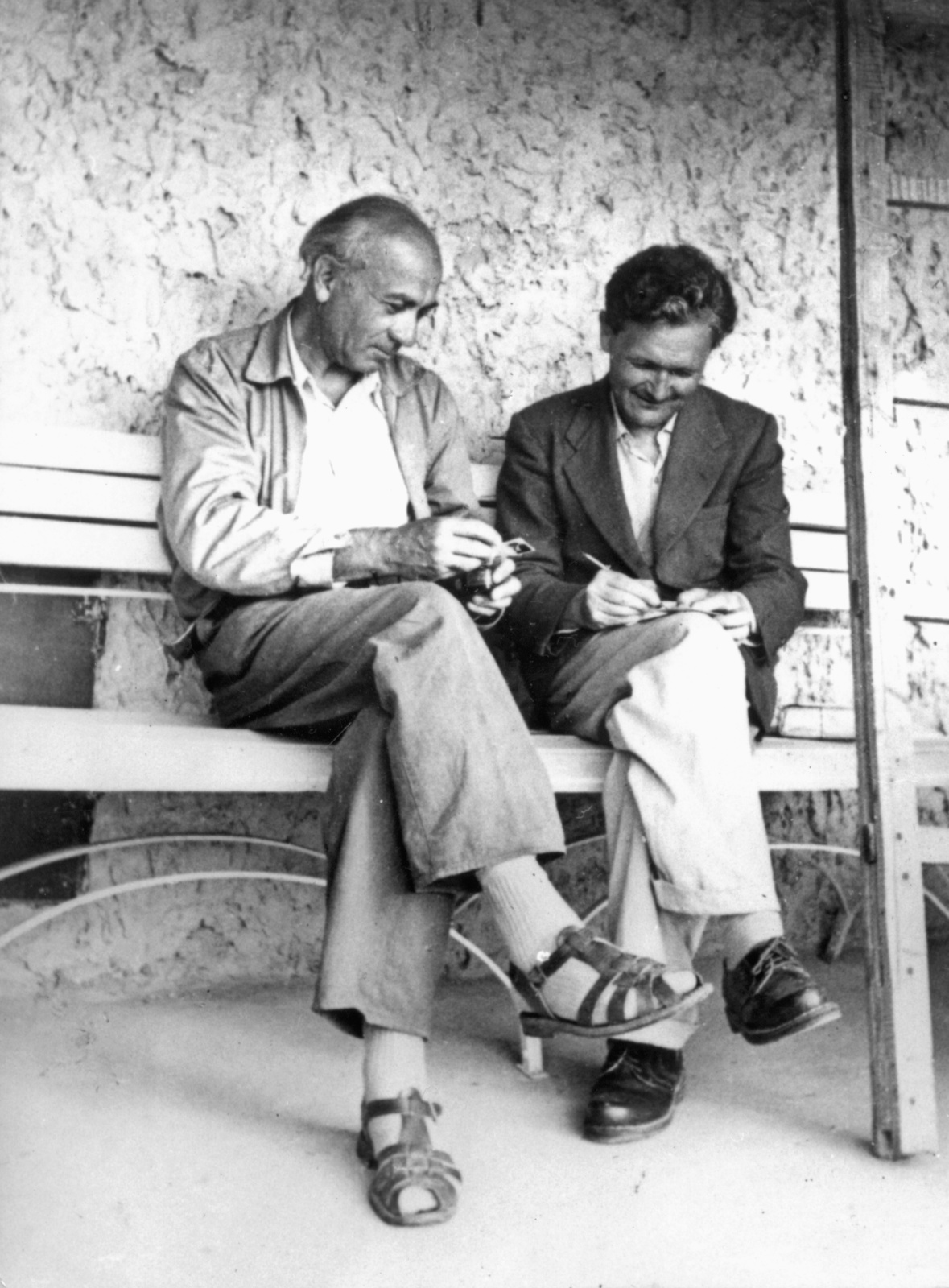 Magyarország, Illyés Gyula és Németh László írók., 1962, Németh László Társaság, híres ember, átvetett láb, Fortepan #115425