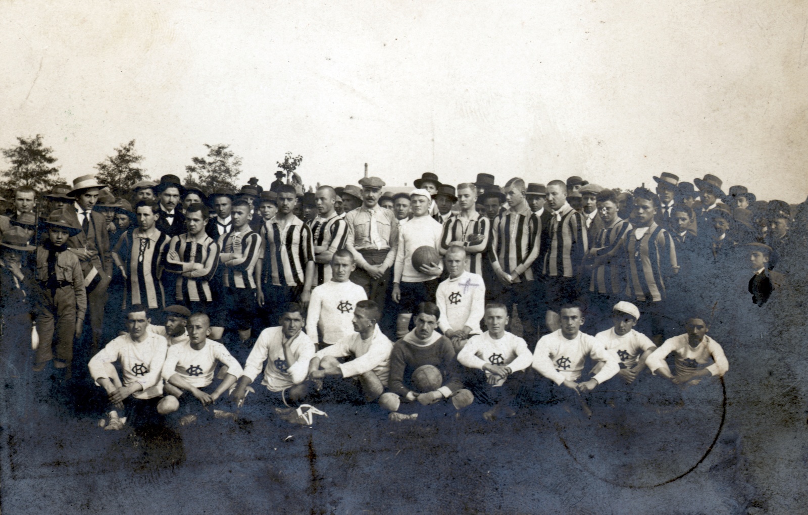 1913, Schmal Alexandra, scouting, striped dress, soccer team, soccer ball, team, Fortepan #115611