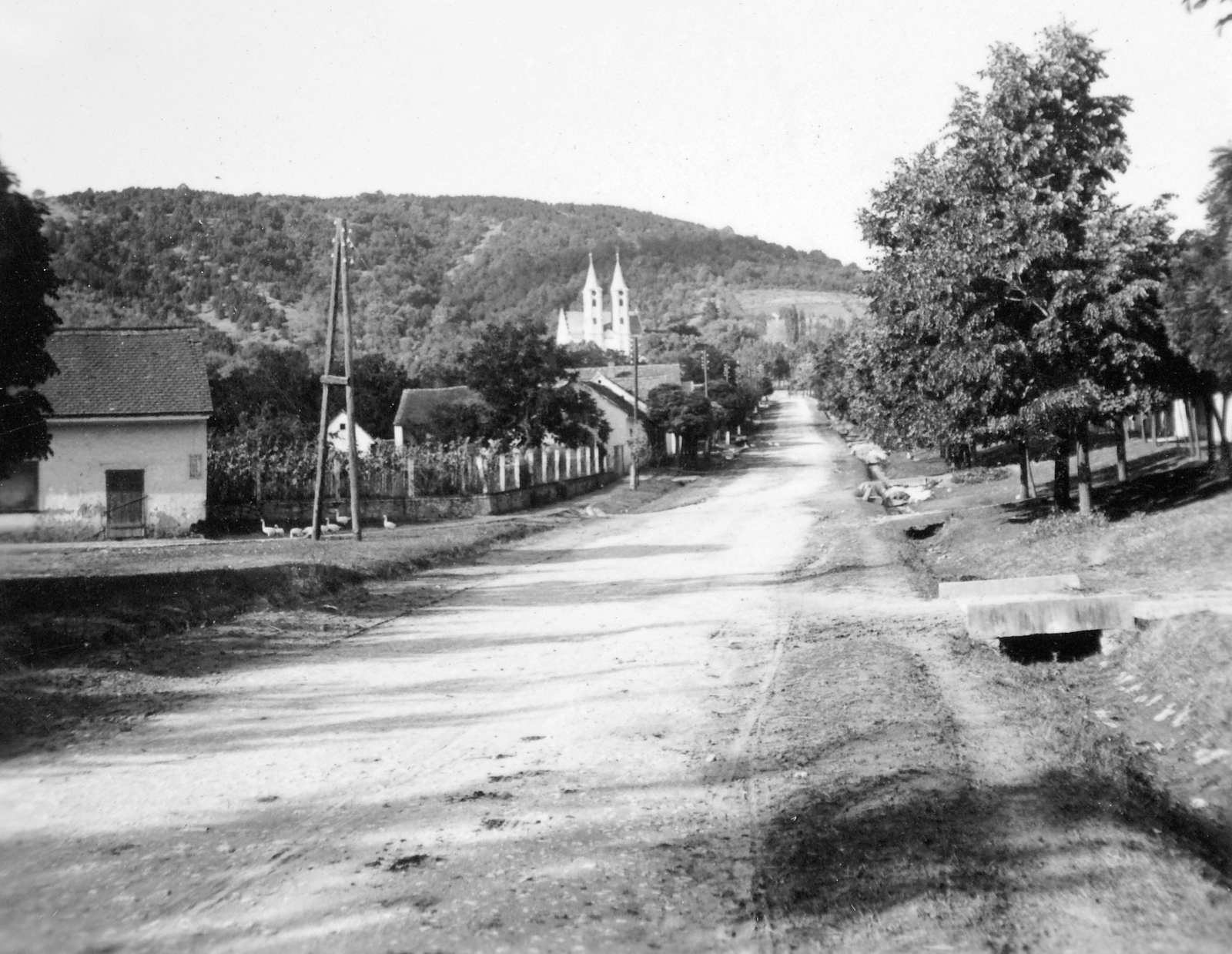 Hungary, Siklós,Máriagyűd, (ekkor önálló, ma a város része), Járó Péter (Dózsa György) utca, szemben a kegytemplom. Balra az egykori bikaistálló és pásztorház, később Közösségi Ház., 1958, Gyöngyi, village, church, poultry, pylon, stable, Franciscans, linden, dairy, fire station, Fortepan #11594