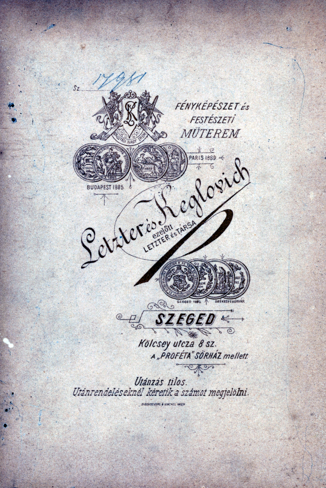 Magyarország, Szeged, Kölcsey utca 8., Letzter és Keglovich fényképészeti és festészeti műterme., 1900, Holló Krisztina, műterem, fényképész, hátlap, Fortepan #116010