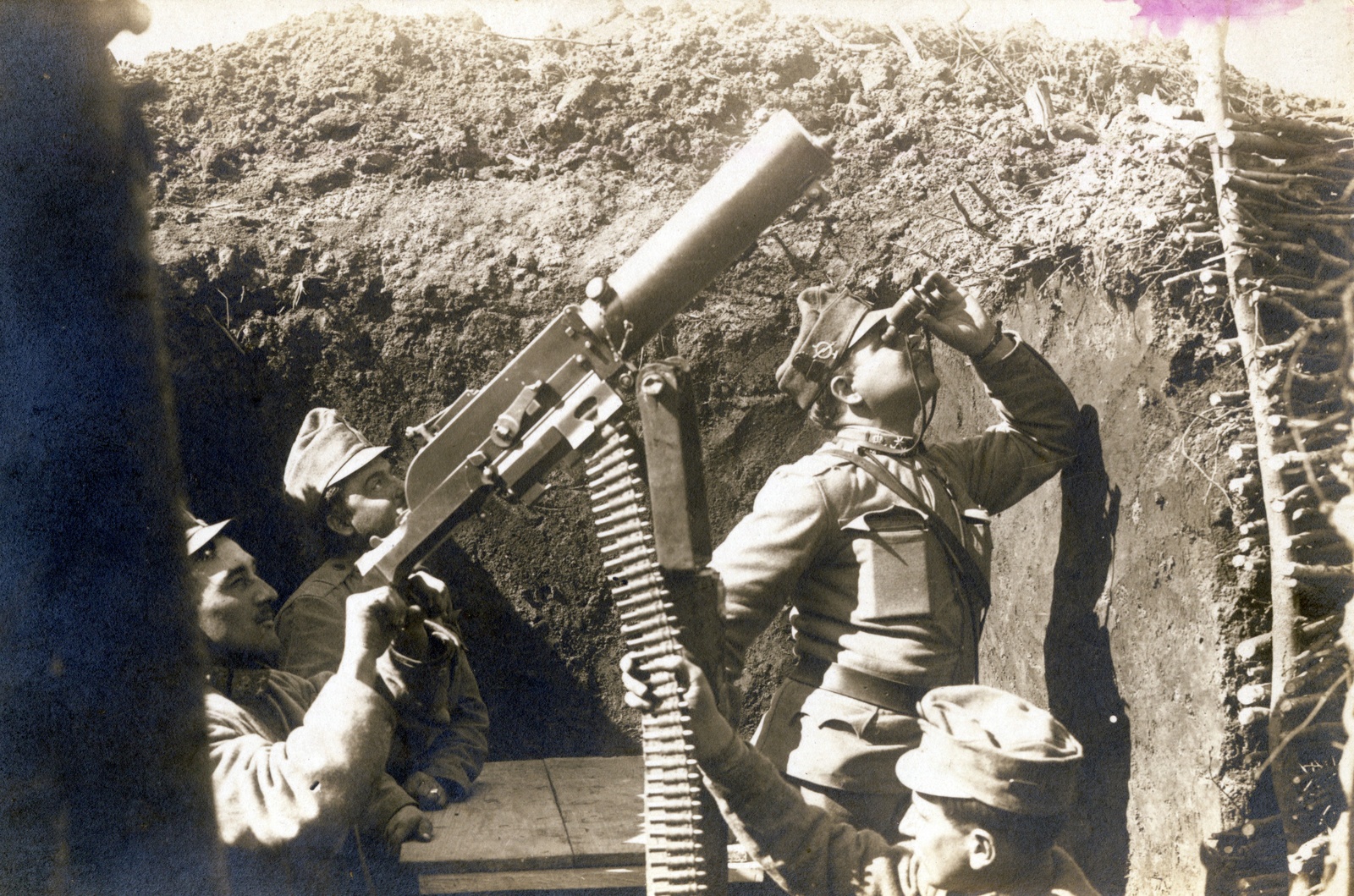 1915, Visnyovszky Éva, First World War, telescope, machine gun, machine-gun belt, Schwarzlose-brand, air defense, Fortepan #116268