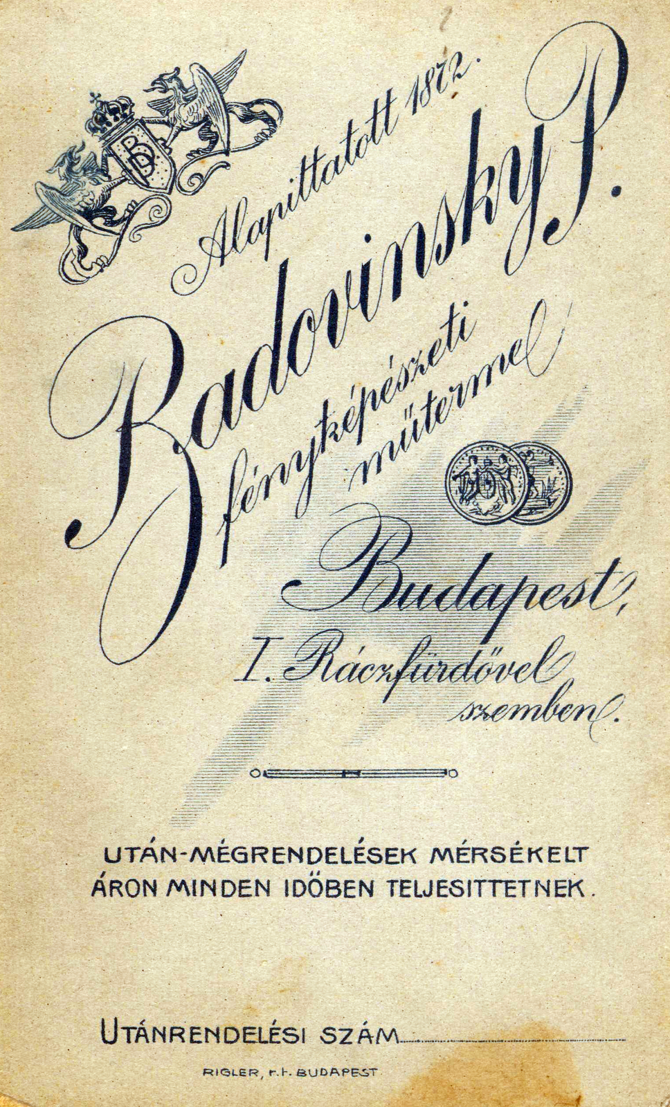 Magyarország, Budapest I., Radovinsky P. fényképészeti műterme a Rác fürdőnél., 1900, Szőke Teréz, műterem, fényképész, hátlap, Budapest, Fortepan #116550