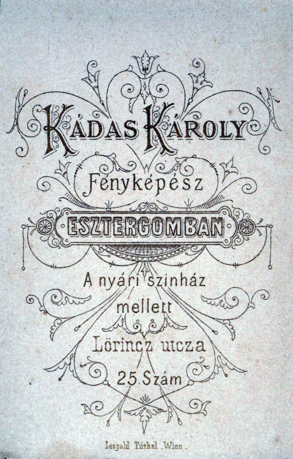 Magyarország, Esztergom, Lőrinc utca 25., a nyári színház mellett, Kádas Károly fényképész., 1900, Szőke Teréz, műterem, fényképész, hátlap, Fortepan #116559