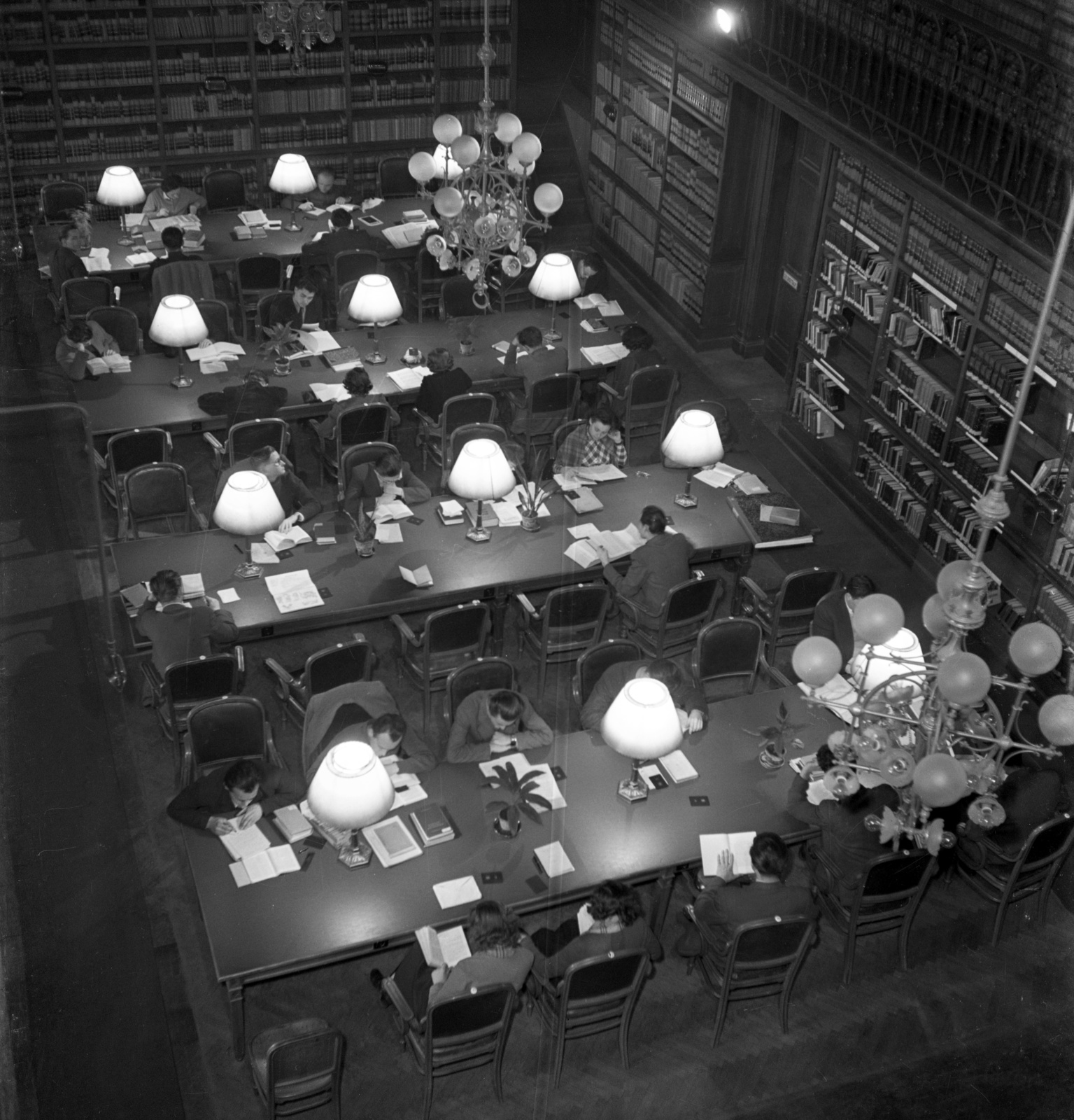 Hungary, Budapest V., Országház, Országgyűlési Könyvtár, olvasóterem., 1954, Fortepan/Album010, Budapest, plan view, reading, reading lamp, Fortepan #116593