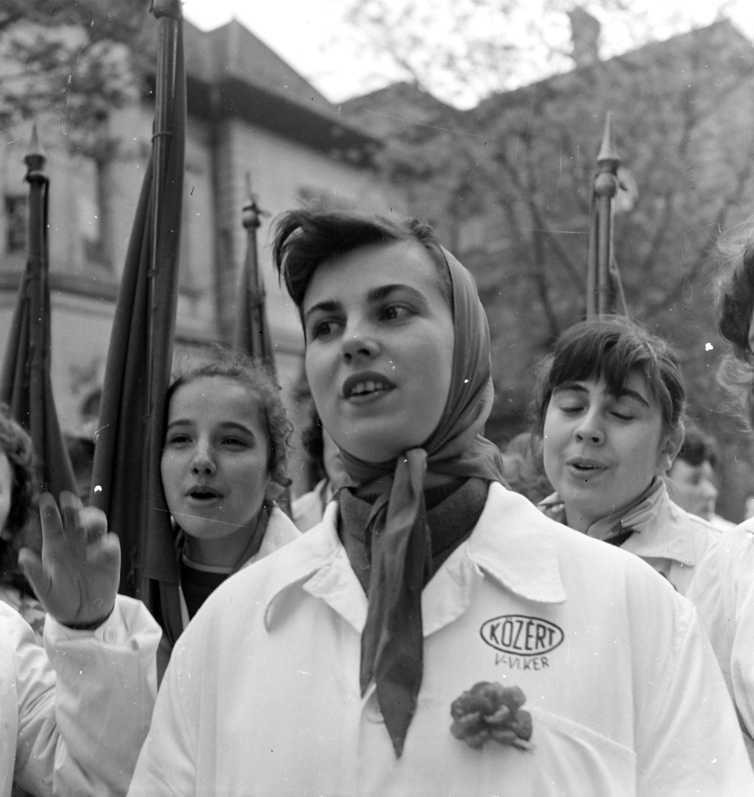 Hungary, 1958, FSZEK Budapest Gyűjtemény / Sándor György, Sándor György, flag, headscarf, grocery store, Közért Company, photo aspect ratio: square, Fortepan #116896