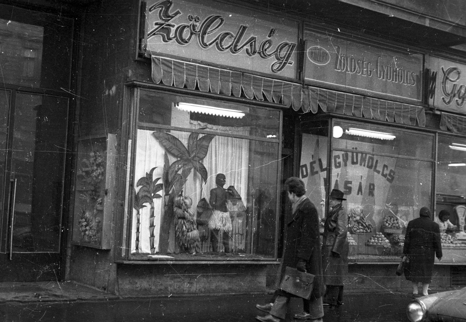 Hungary, Budapest VIII., Rákóczi út 27/a., 1960, FSZEK Budapest Gyűjtemény / Sándor György, Sándor György, Show window, fruit, greengrocer, African Native Tribes, Budapest, banana, shop, store display, Fortepan #117037