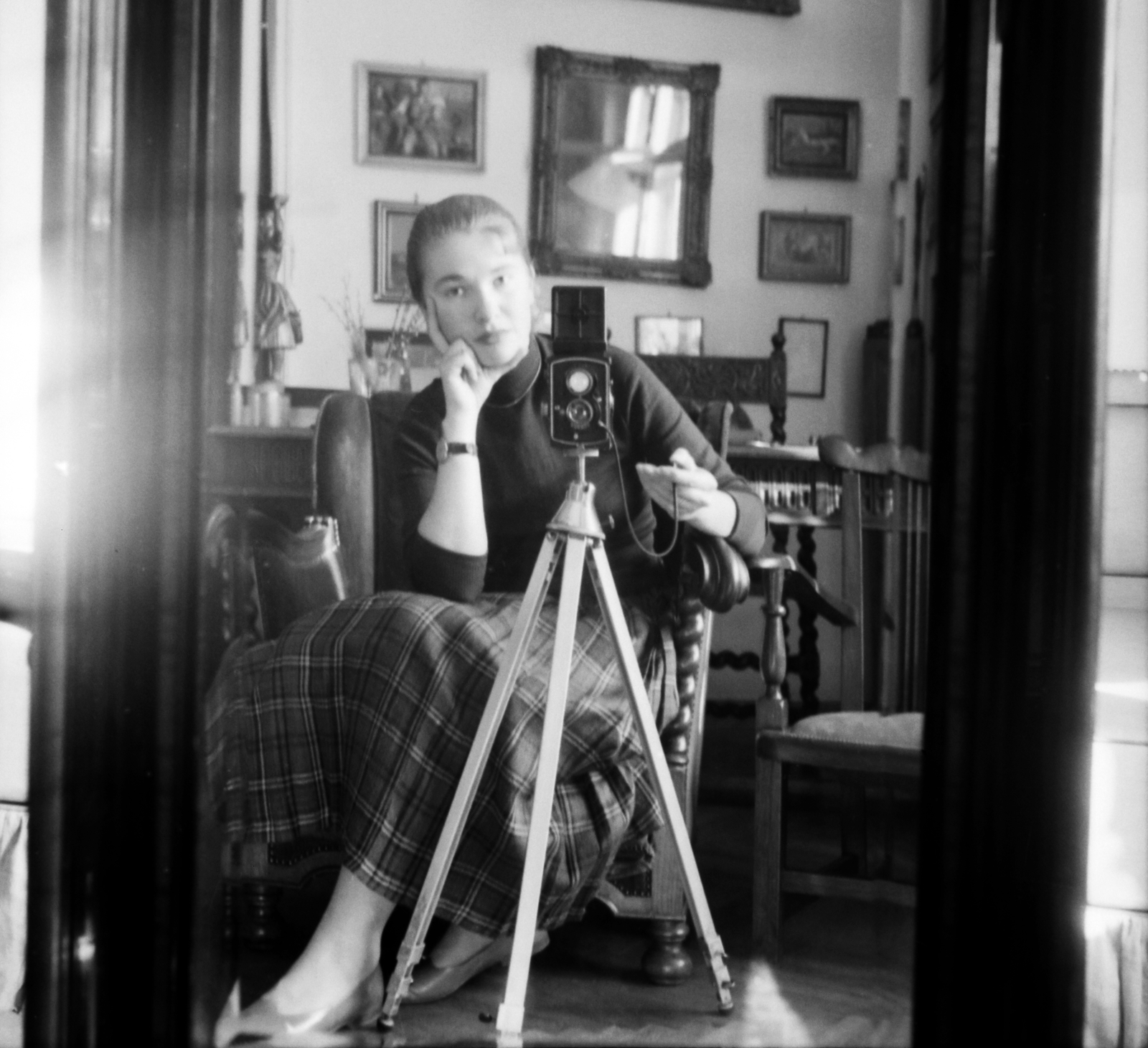 1956, Aradi Péter, Szenczi Mária, fényképezőgép, fotózás, Rollei Rolleiflex, önarckép, tükörkép, tükör, Fortepan #117394