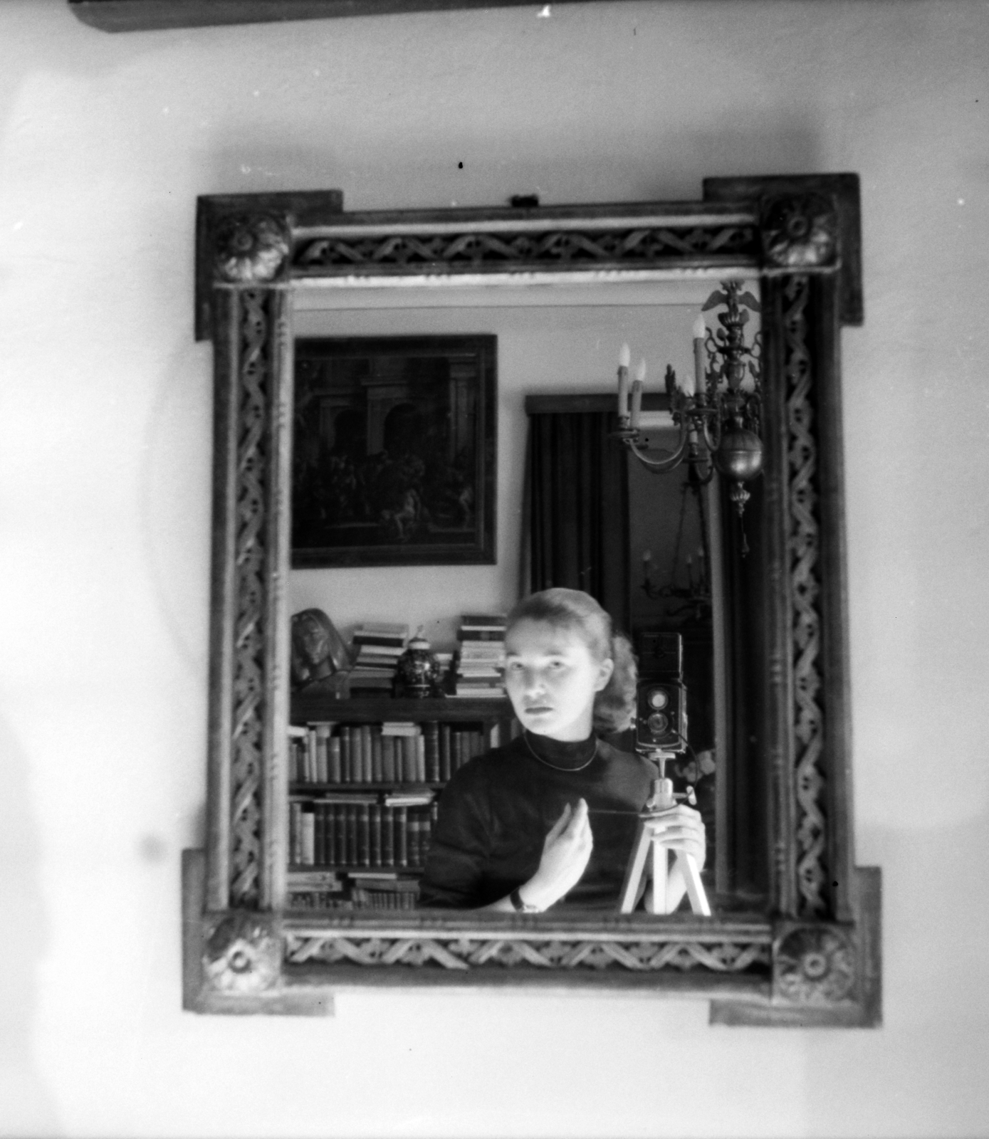 1956, Aradi Péter, Szenczi Mária, fényképezőgép, fotózás, Rollei Rolleiflex, önarckép, tükörkép, tükör, Best of, Fortepan #117396