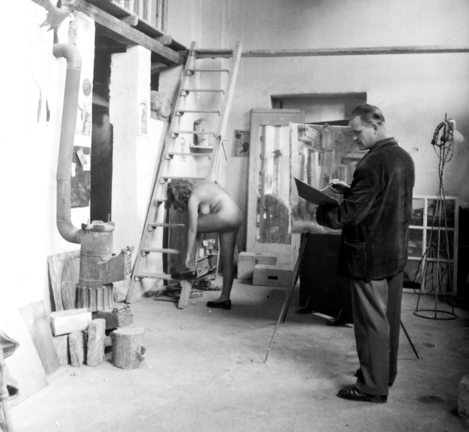 Magyarország, Bod László festőművész., 1956, Aradi Péter, Szenczi Mária, meztelen alak, híres ember, festészet, modell, Best of, Fortepan #117400