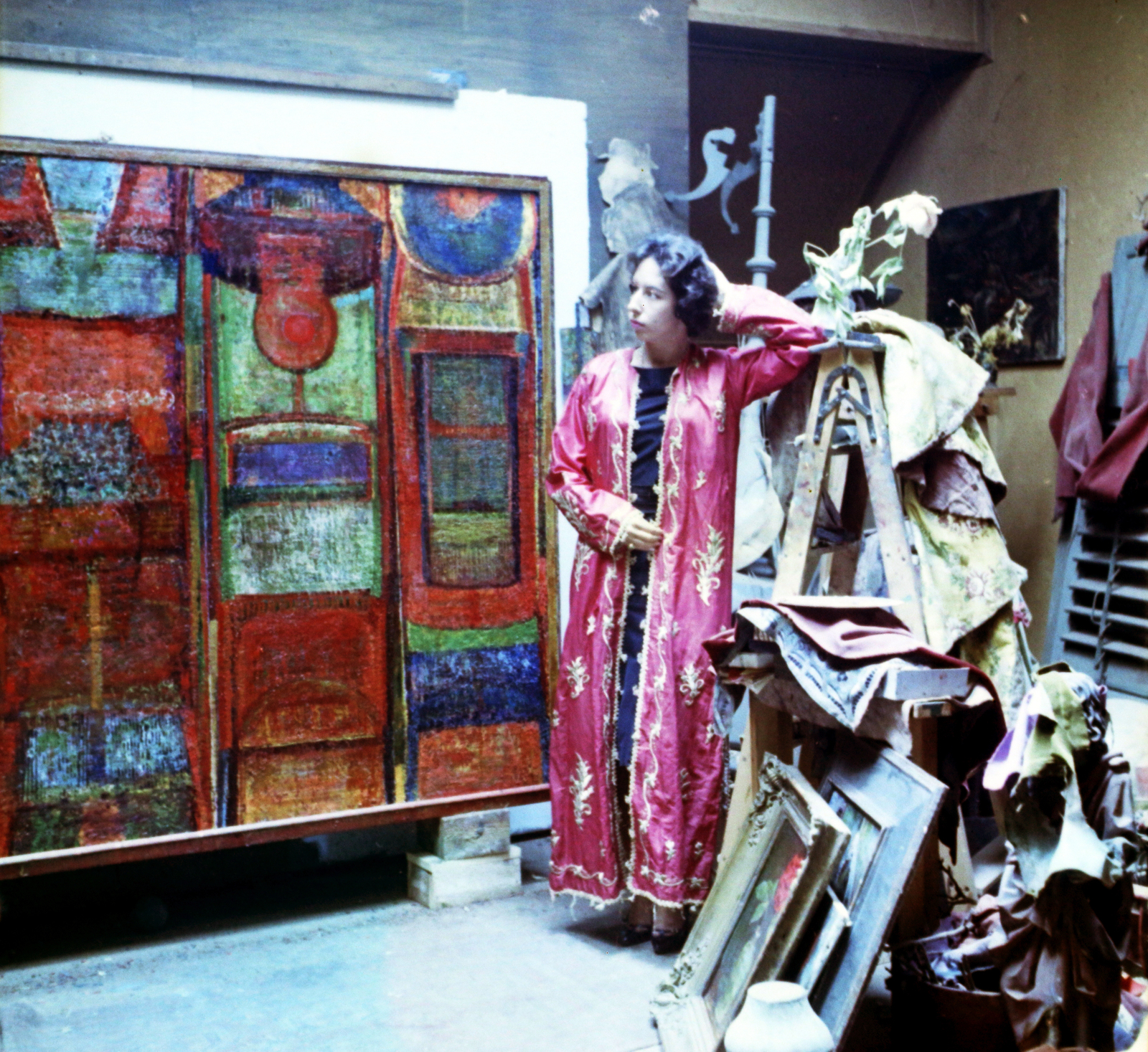 1965, Aradi Péter, Szenczi Mária, colorful, studio, painting, Fortepan #117513