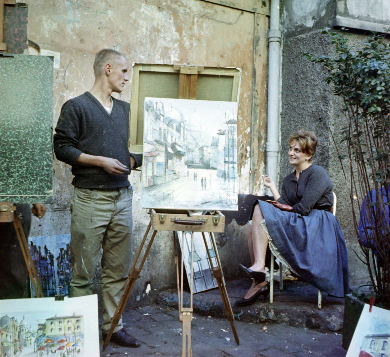 Franciaország, Párizs, Montmartre, Place du Tertre., 1959, Aradi Péter, Szenczi Mária, színes, festmény, Fortepan #117546