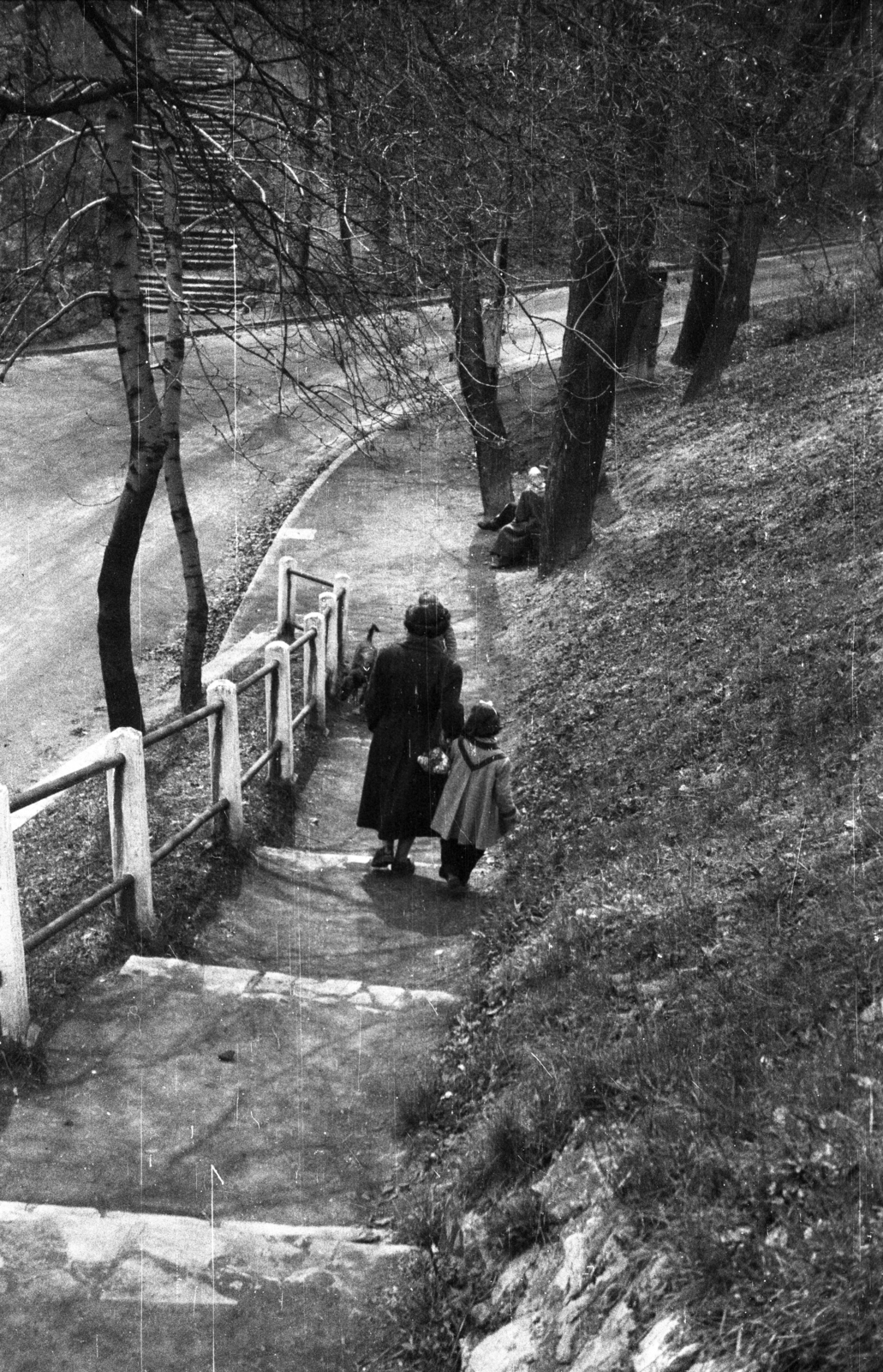 Hungary, Budapest XII., a Svájci út lépcsős része a Karthauzi utca - Széchenyi-emlék út találkozása felé nézve., 1950, Dán Zsuzsanna, Budapest, girl, stairs, railing, mother, Fortepan #117653
