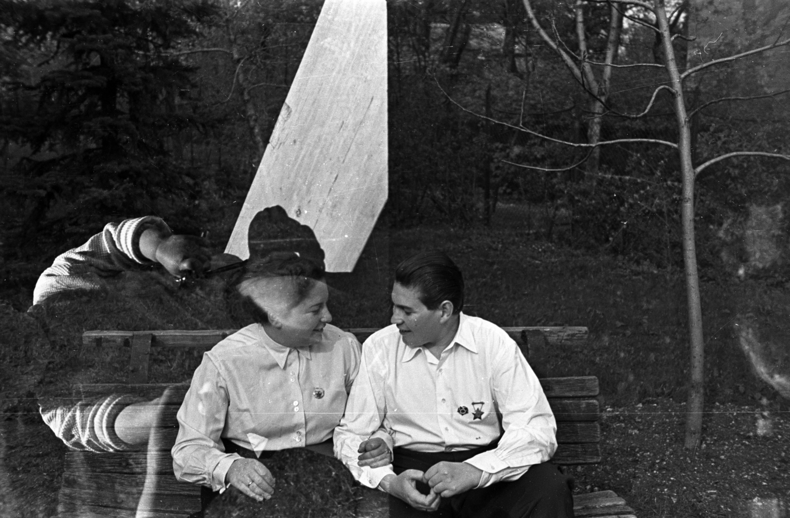 1951, Dán Zsuzsanna, bench, erroneous photo, double exposure, Fortepan #117678