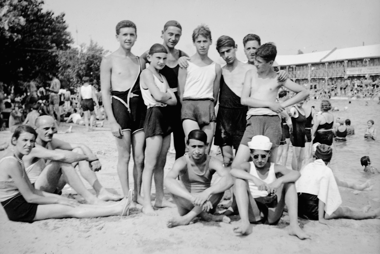 1932, Glázer Attila, boys, swimming cap, beach, Fortepan #117800