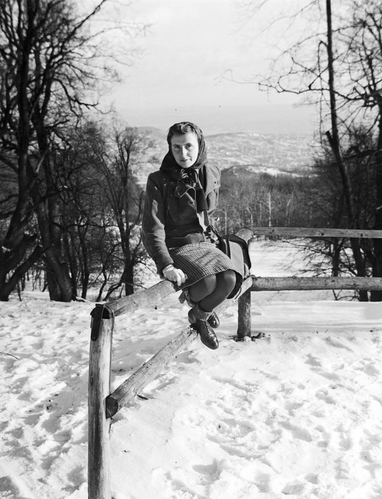 Hungary, Budapest XII., Jánoshegy, a hölgy vállánál a Hunyadi-orom, fejénél a Mátyás-hegy és a Ferenc-hegy., 1941, Glázer Attila, Budapest, snow, sitting on a handrail, Fortepan #117920