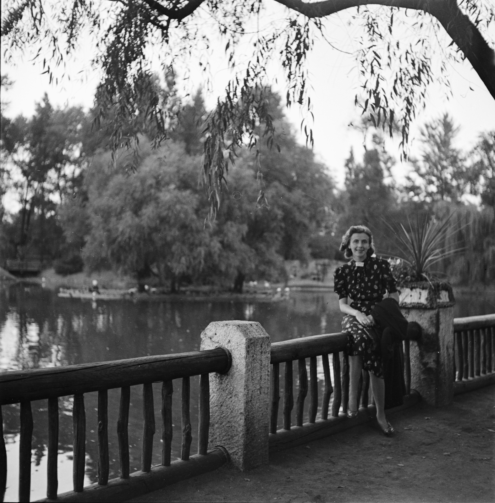 Hungary, Zoo, Budapest XIV., 1950, Glázer Attila, Budapest, sitting on a handrail, lady, Fortepan #117930