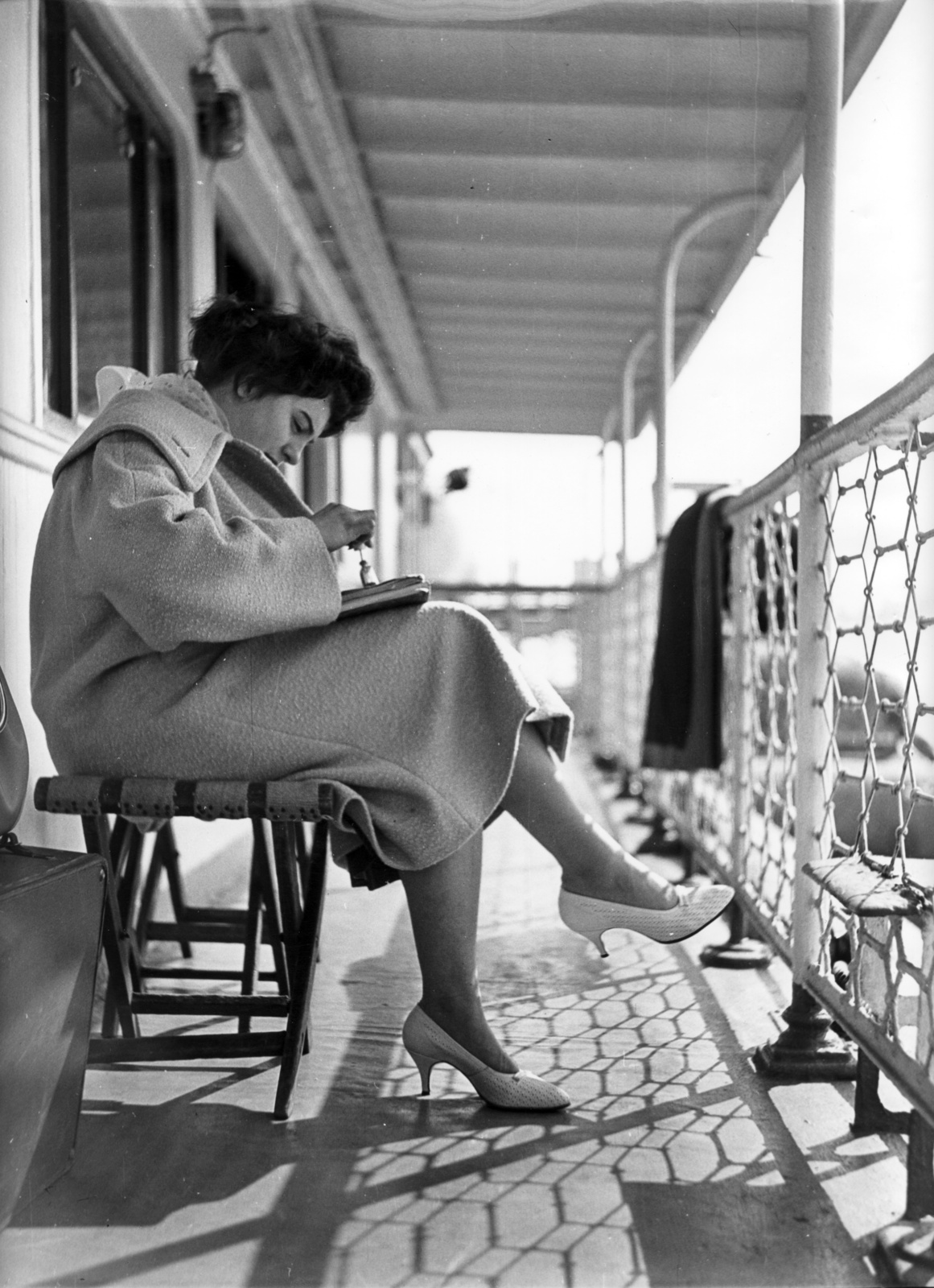 1958, Lovász János és Márton, fashion, ship, sunshine, railing, woman, coat, high-heel shoe, Fortepan #118215