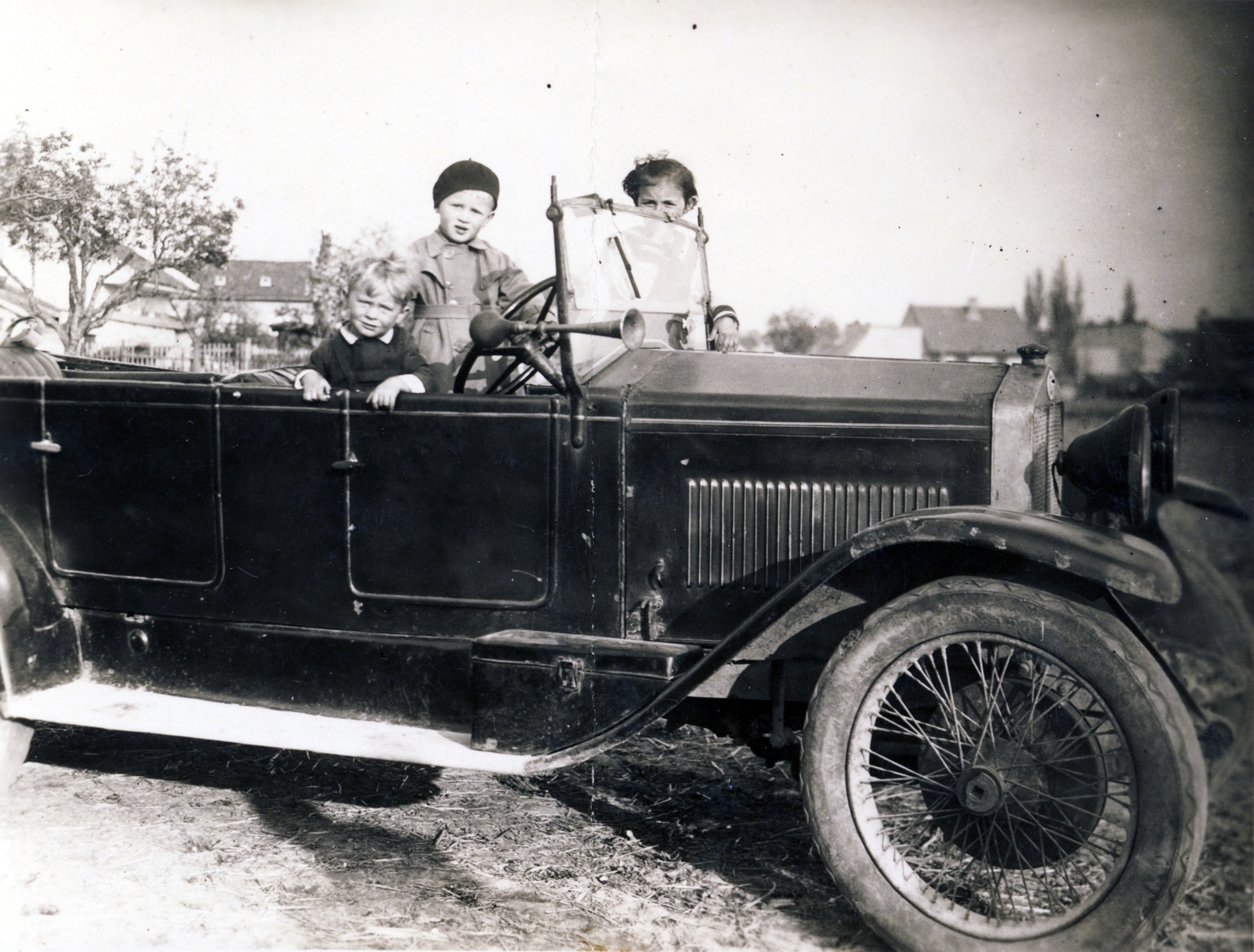 1930, Téglás Zsolt, gyerek, kürt, automobil, kormánykerék, Fortepan #118658