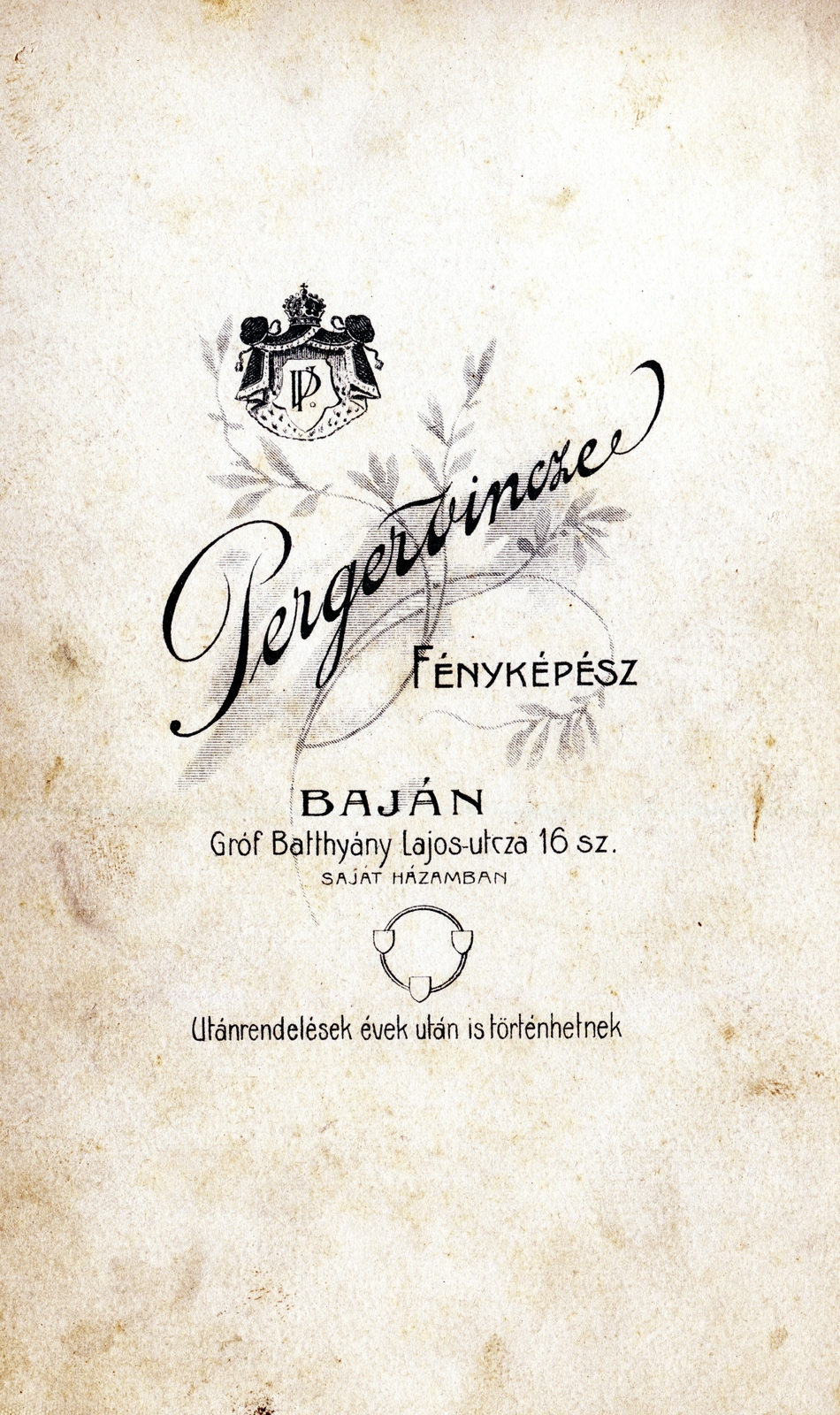 Magyarország, Baja, Batthyány Lajos utca 16., Perger Vince fényképész., 1904, Uj Nemzedék napilap, műterem, hátlap, fényképész, Fortepan #118709