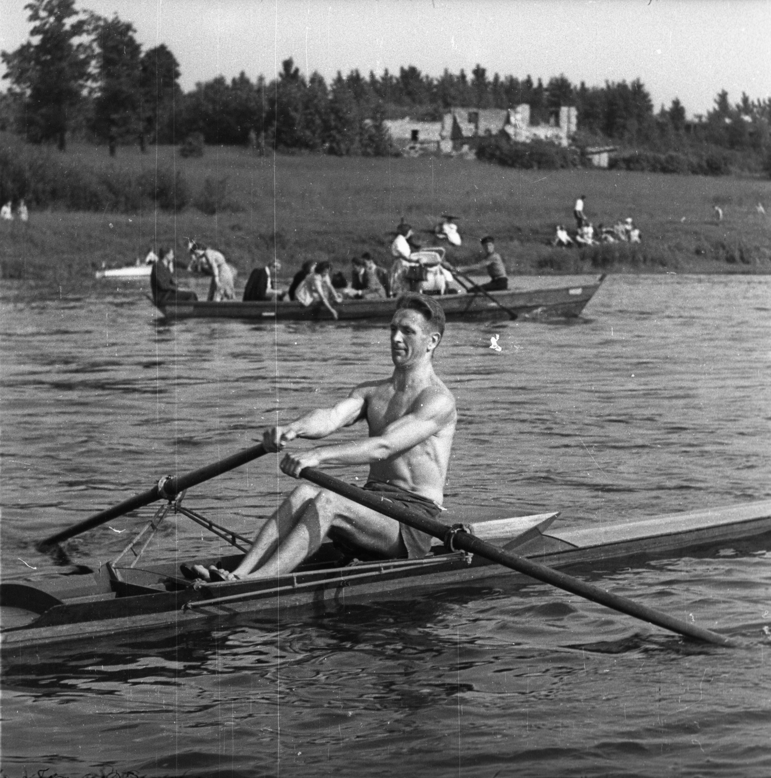 Lengyelország, 1947, Bogdan Celichowski, evezés, csónak, férfi, izmos, Fortepan #119524