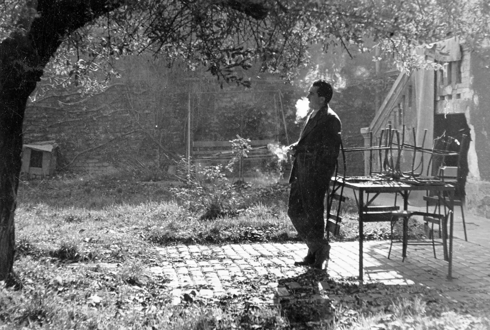1957, Nagy Zita, smoking, garden, man, garden furniture, dog house, backlight, Fortepan #11975