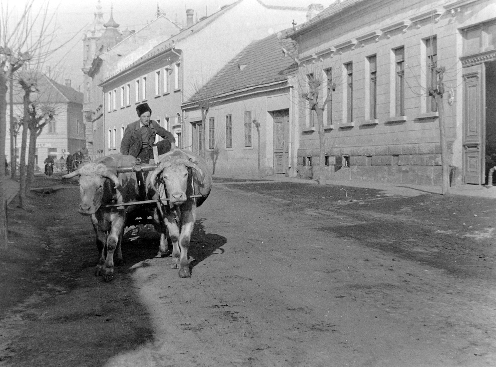 Magyarország, Tapolca, Arany János utca a Fő (Lenin) tér felé nézve., 1955, Kurutz Márton, szekér, szarvasmarha, kucsma, Fortepan #12037