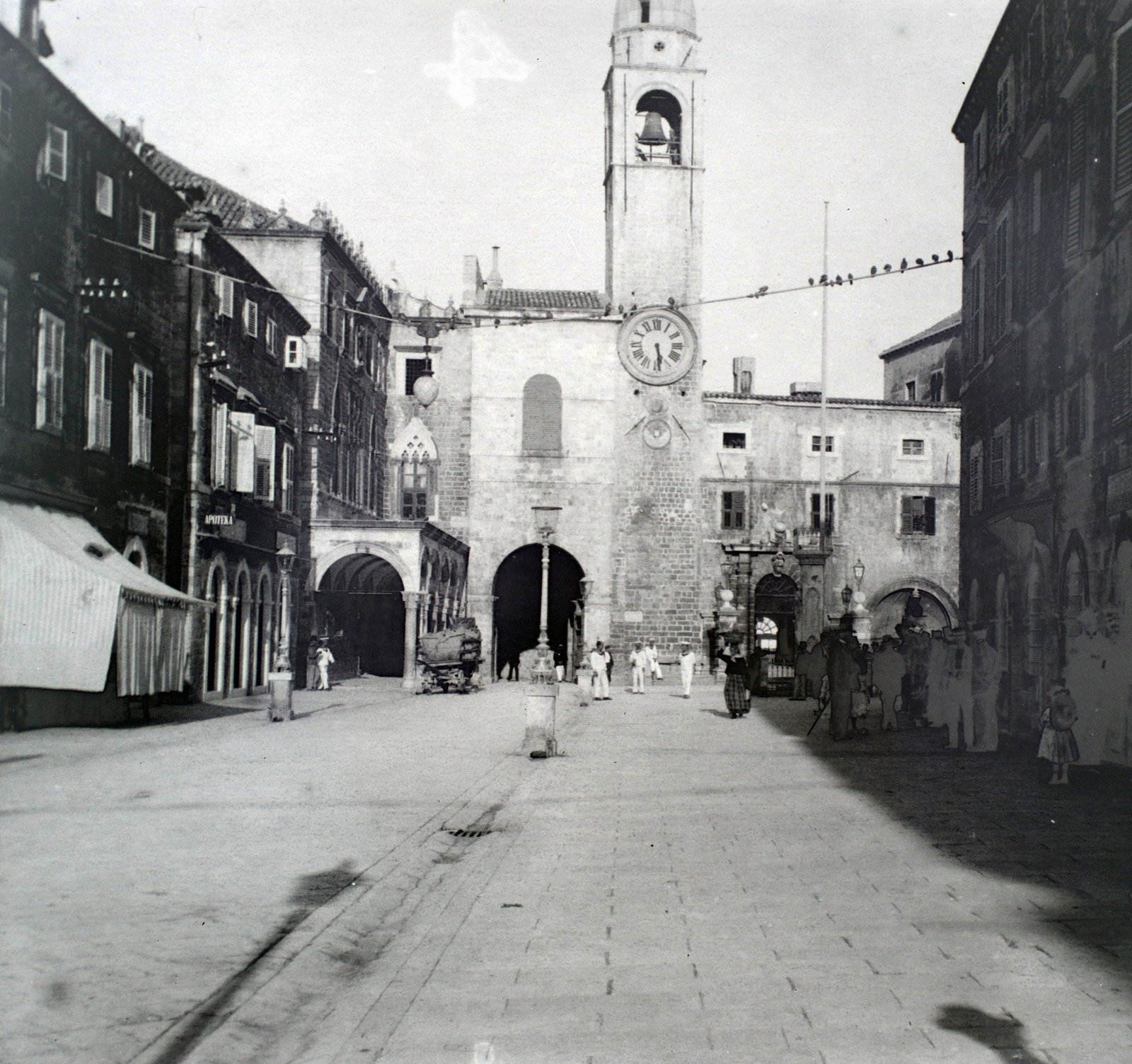 Croatia, Dubrovnik, Stradun, szemben az óratorony., 1913, Hanser Mária, bell tower, clock tower, Fortepan #120398