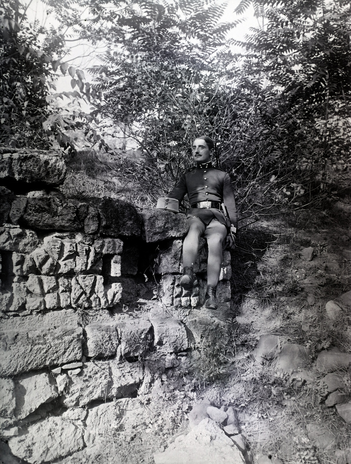 1908, Hanser Mária, uniform, stone wall, Fortepan #120459