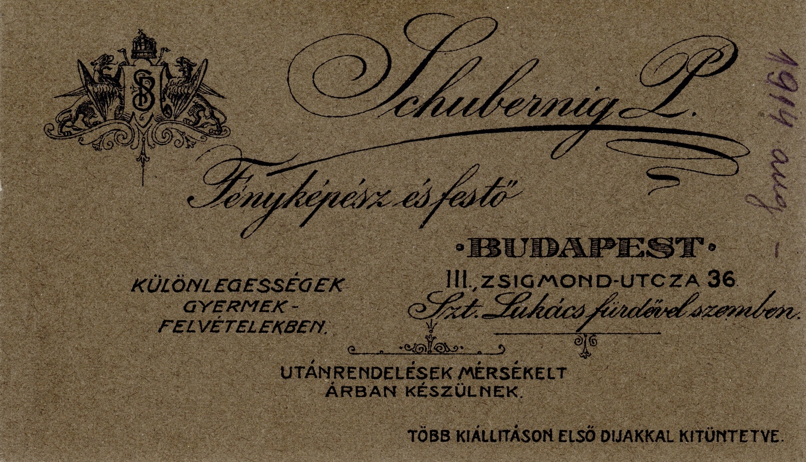 Magyarország, Budapest II., Frankel Leó út (Zsigmond utca) 36., a Szent Lukács fürdővel szemben, Schubernig Péter fényképész és festő., 1914, Hanser Mária, műterem, fényképész, hátlap, Budapest, Fortepan #120594