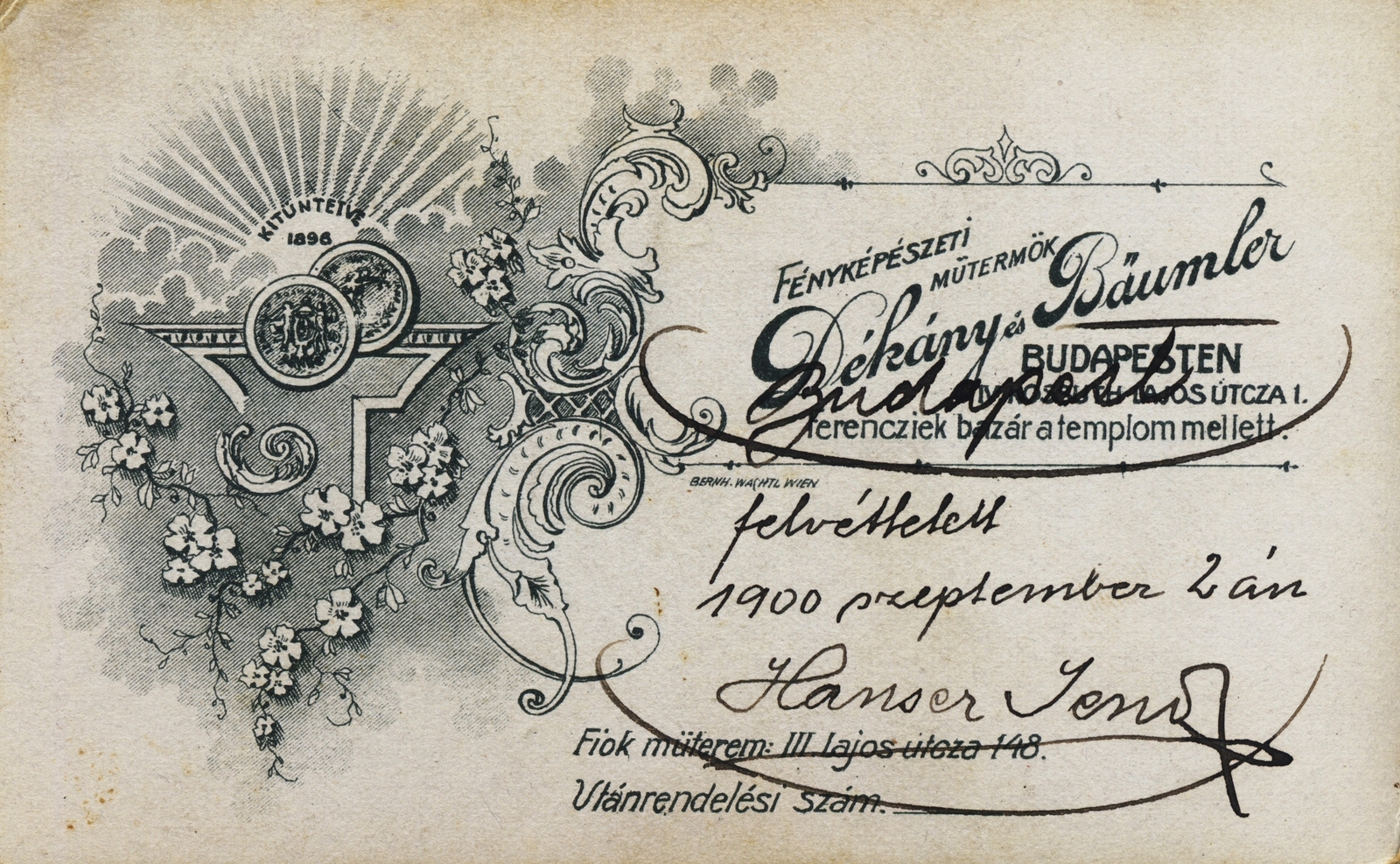 Magyarország, Budapest V., Kossuth Lajos utca 1., Dékány és Baumler fényképészeti műterme., 1900, Hanser Mária, műterem, fényképész, hátlap, Budapest, Fortepan #120639