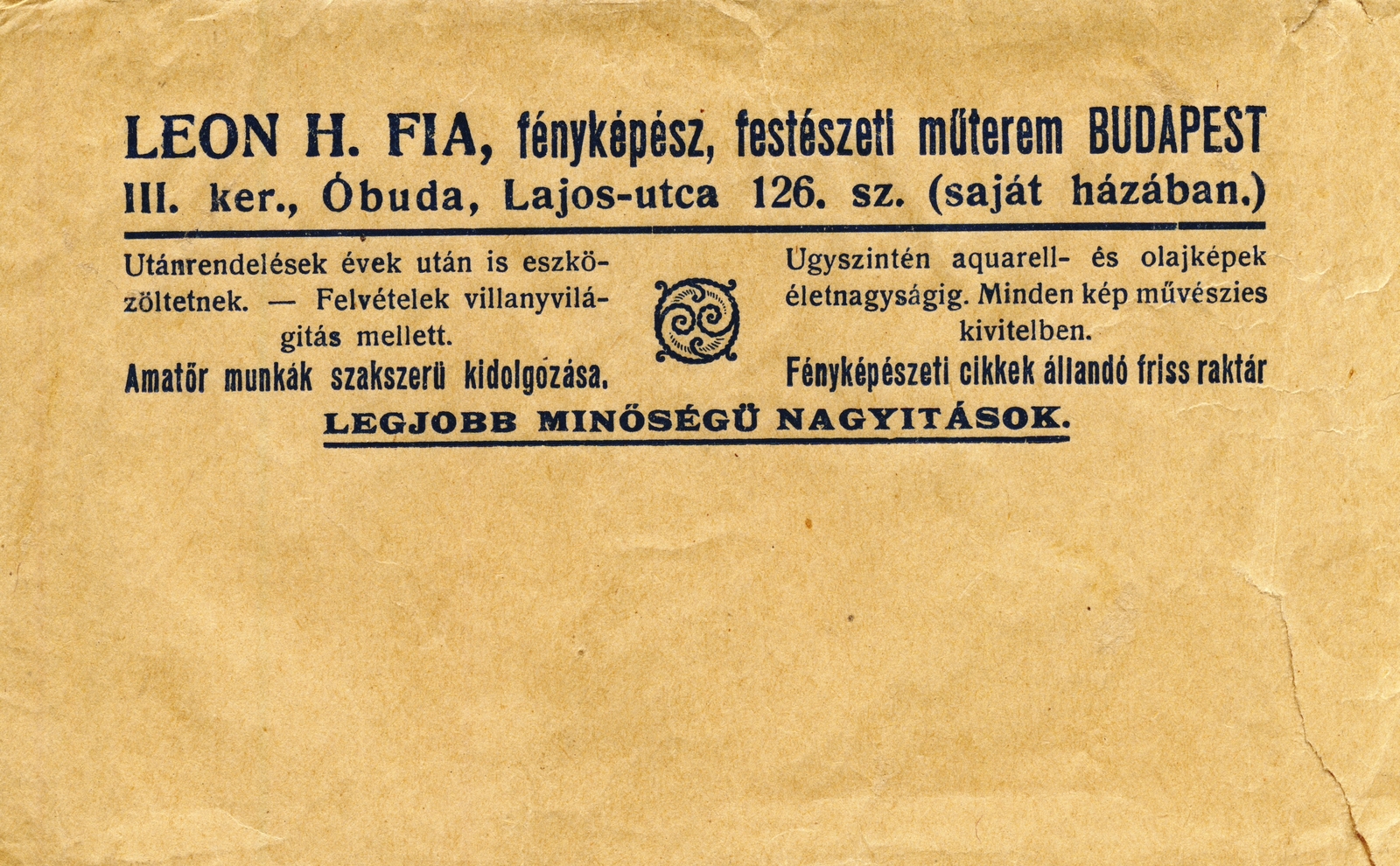 Magyarország, Budapest III., Lajos utca 126., Leon H. fia fényképész, festészeti műterme., 1908, Hanser Mária, műterem, fényképész, fényképtartó tasak, Budapest, Fortepan #120650
