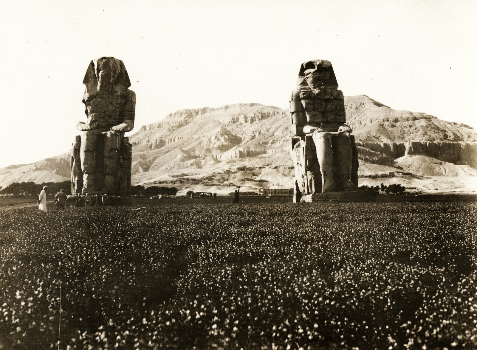 Egyiptom, Luxor, Memnón-kolosszusok, III. Amenhotep fáraó két ülőszobra., 1921, Hanser Mária, antik kultúra, Fortepan #120678