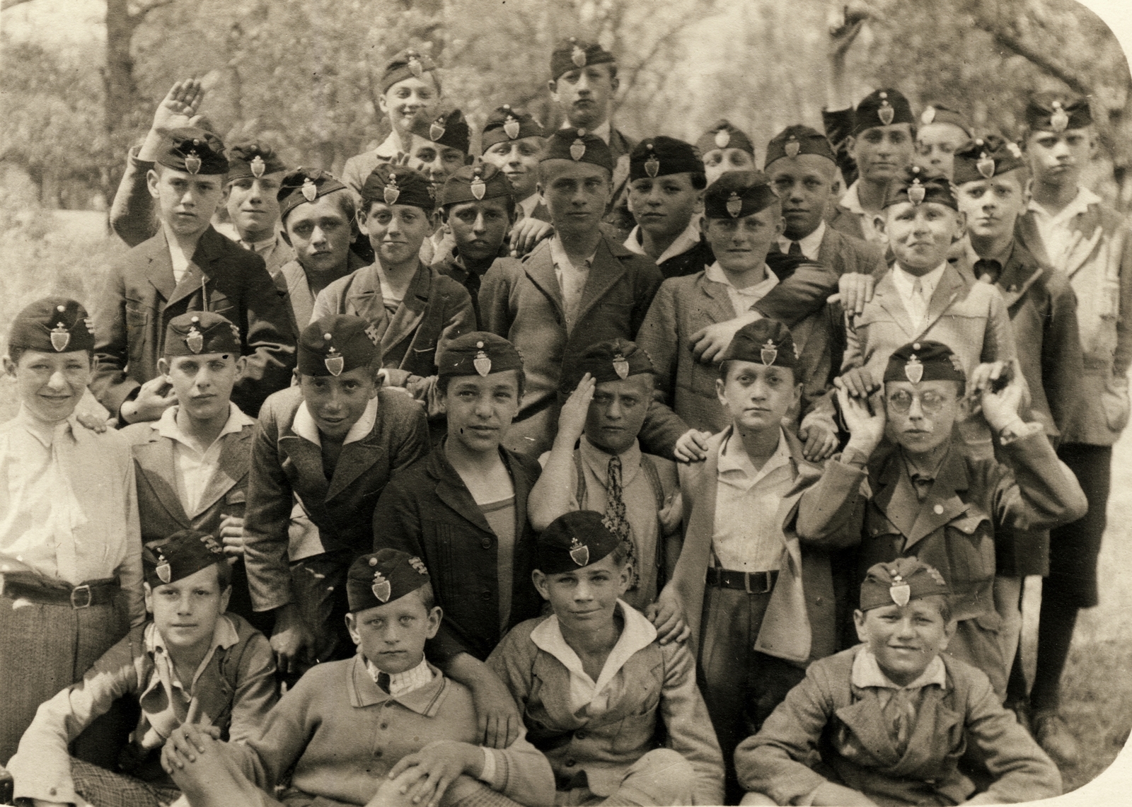 1929, Hanser Mária, class photo, youth military organisation, cap, kids, tableau, Fortepan #120690