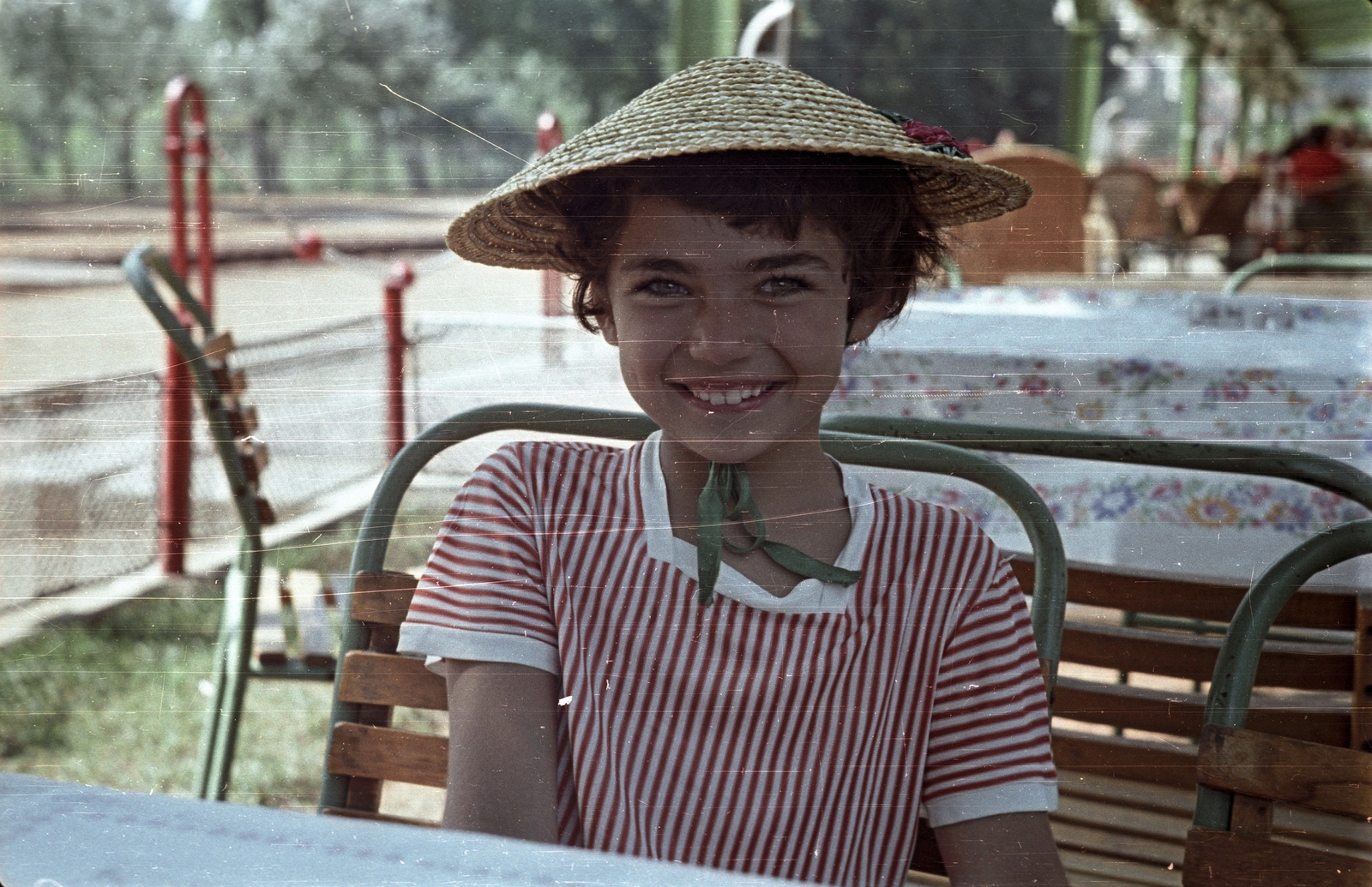 Hungary, Balatonfüred, 1961, G K, portrait, colorful, smile, terrace, girl, straw hat, kid, garden furniture, summer dresses, striped dress, Fortepan #12184