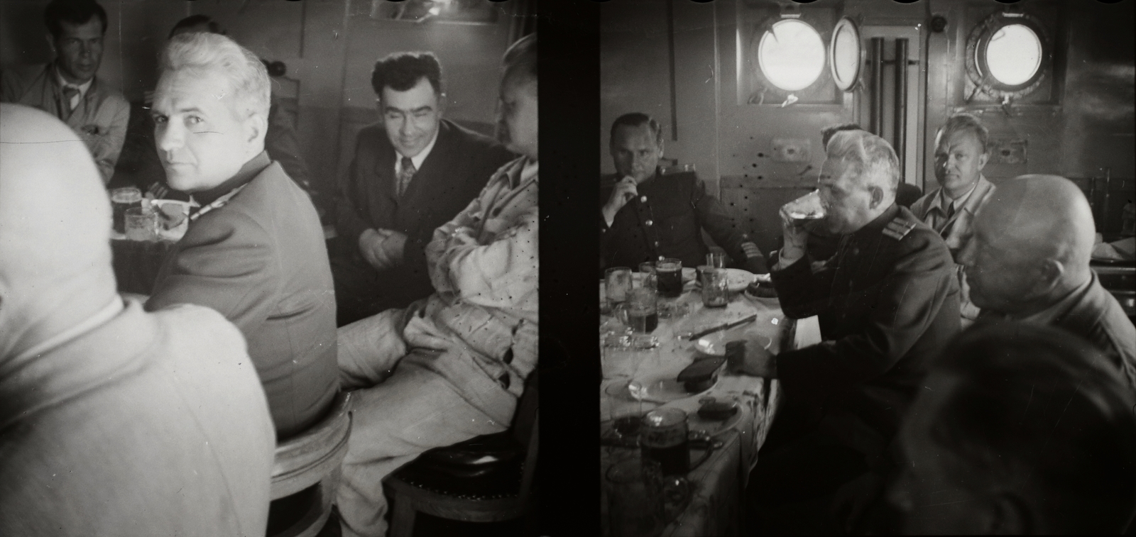 Magyarország, »A jóvátételre gyártott SZIMEIZ (1946) Duna-tengerjáró motorhajó próbaútján résztvevők .« Leltári jelzet: MMKM TFGY 2017.1.1087., 1946, Magyar Műszaki és Közlekedési Múzeum / Történeti Fényképek Gyűjteménye / Ganz gyűjtemény, katona, italozás, hajókabin, söröskorsó, ivás, tiszt, Fortepan #122958