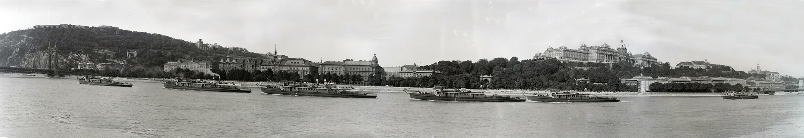 Hungary, Budapest I., a Piemonte vontató csavaros motorhajó budapesti útja., 1941, Magyar Műszaki és Közlekedési Múzeum / Történeti Fényképek Gyűjteménye / Ganz gyűjtemény, warship, Danube, panoramic photography, Budapest, Fortepan #123248